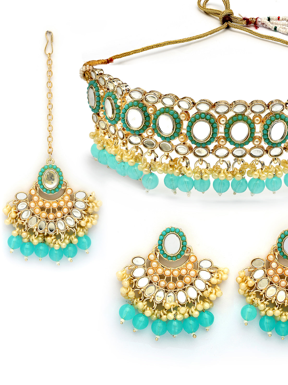 Sukkhi Classical Gold Plated with AD Beads Choker Necklace Set Earring and Maangtikka Jewellery Set for Women|NS107521