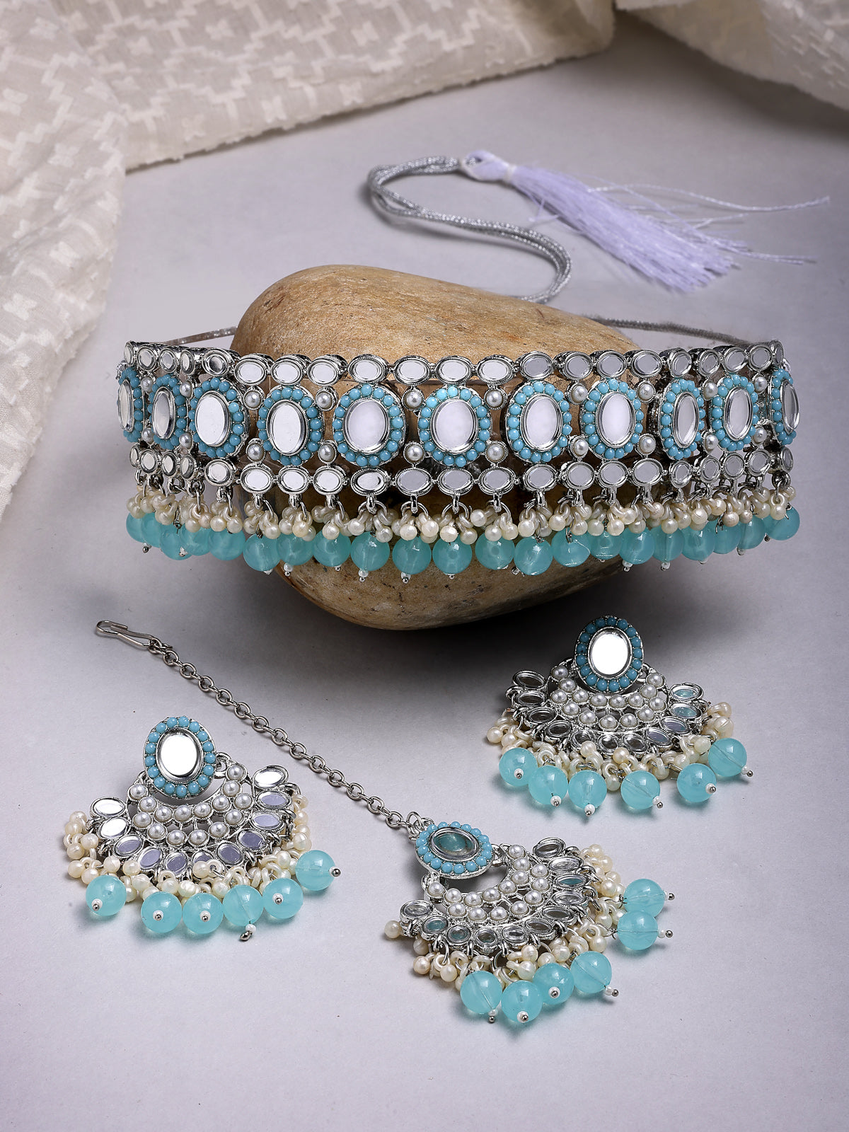 Sukkhi Traditional Rhodium Plated with AD Beads Choker Necklace Set Earring and Maangtikka Jewellery Set for Women|NS107522