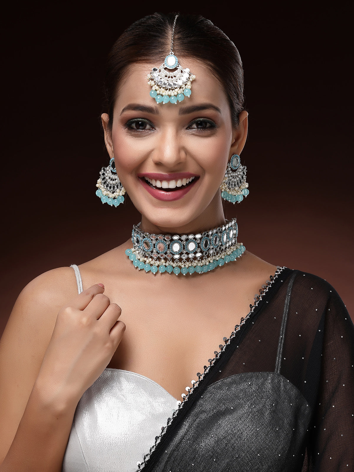 Sukkhi Traditional Rhodium Plated with AD Beads Choker Necklace Set Earring and Maangtikka Jewellery Set for Women|NS107522