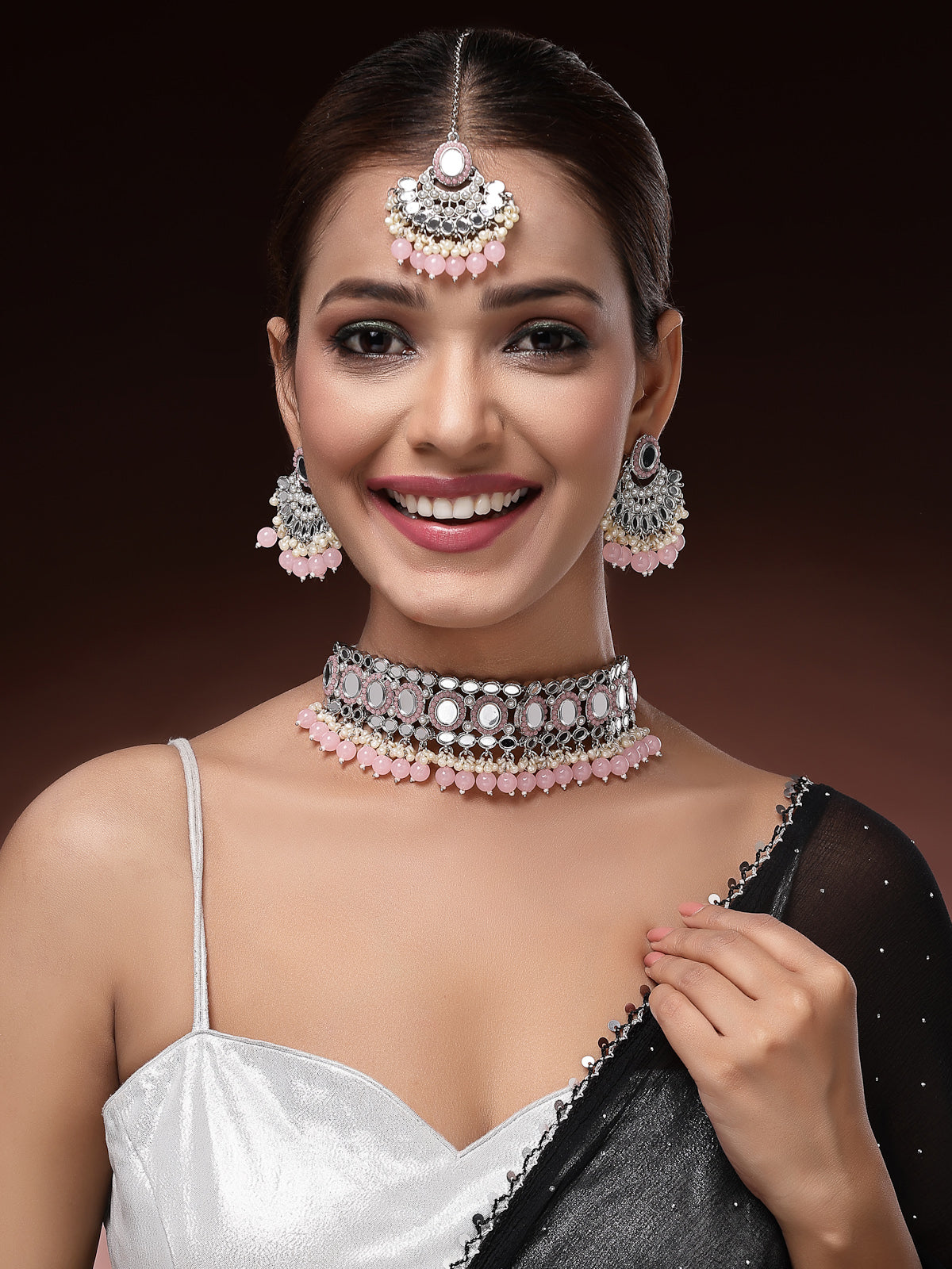 Sukkhi Unique Rhodium Plated with AD Beads Choker Necklace Set Earring and Maangtikka Jewellery Set for Women|NS107524