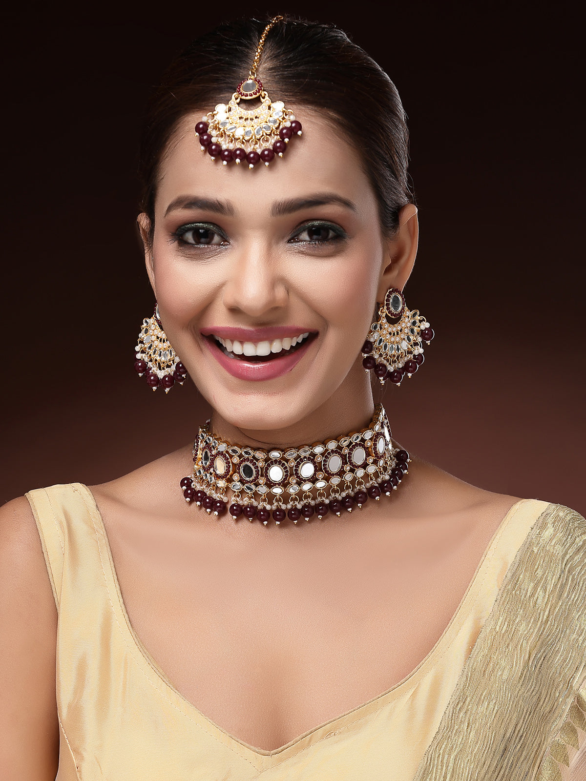 Sukkhi Stylish Gold Plated with AD Beads Choker Necklace Set Earring and Maangtikka Jewellery Set for Women|NS107527
