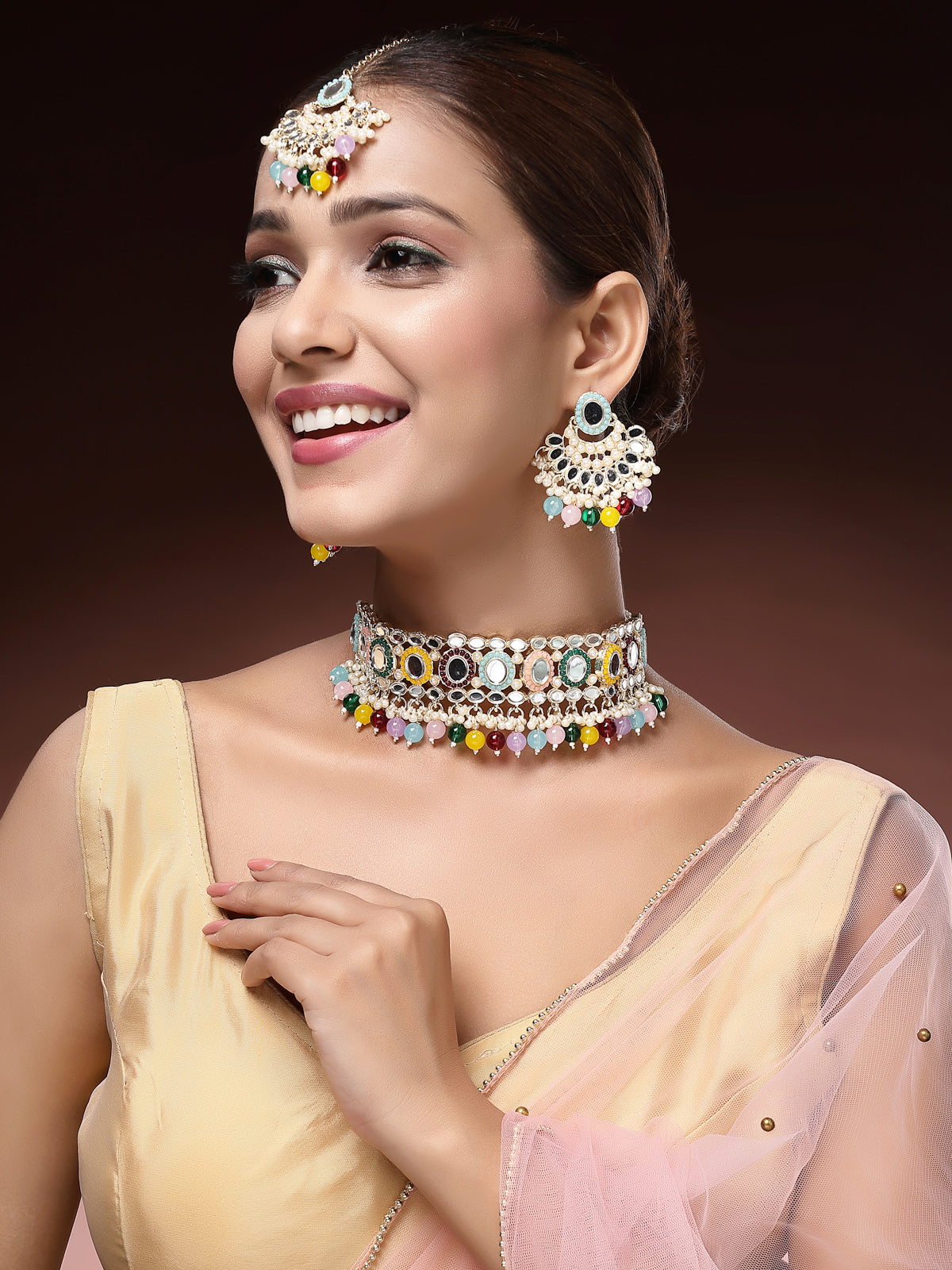 Sukkhi Excellent Gold Plated with AD Beads Choker Necklace Set Earring and Maangtikka Jewellery Set for Women|NS107528