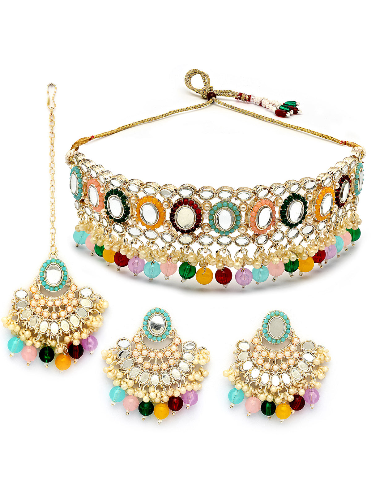 Sukkhi Excellent Gold Plated with AD Beads Choker Necklace Set Earring and Maangtikka Jewellery Set for Women|NS107528