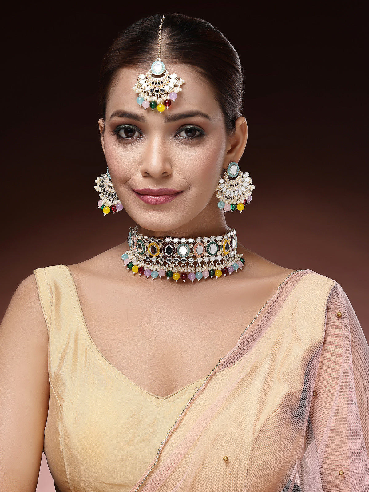 Sukkhi Excellent Gold Plated with AD Beads Choker Necklace Set Earring and Maangtikka Jewellery Set for Women|NS107528