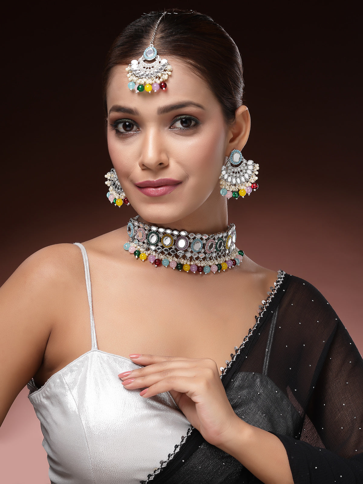 Sukkhi Fashion-Forward Gold Plated with AD Beads Choker Necklace Set Earring and Maangtikka Jewellery Set for Women|NS107529