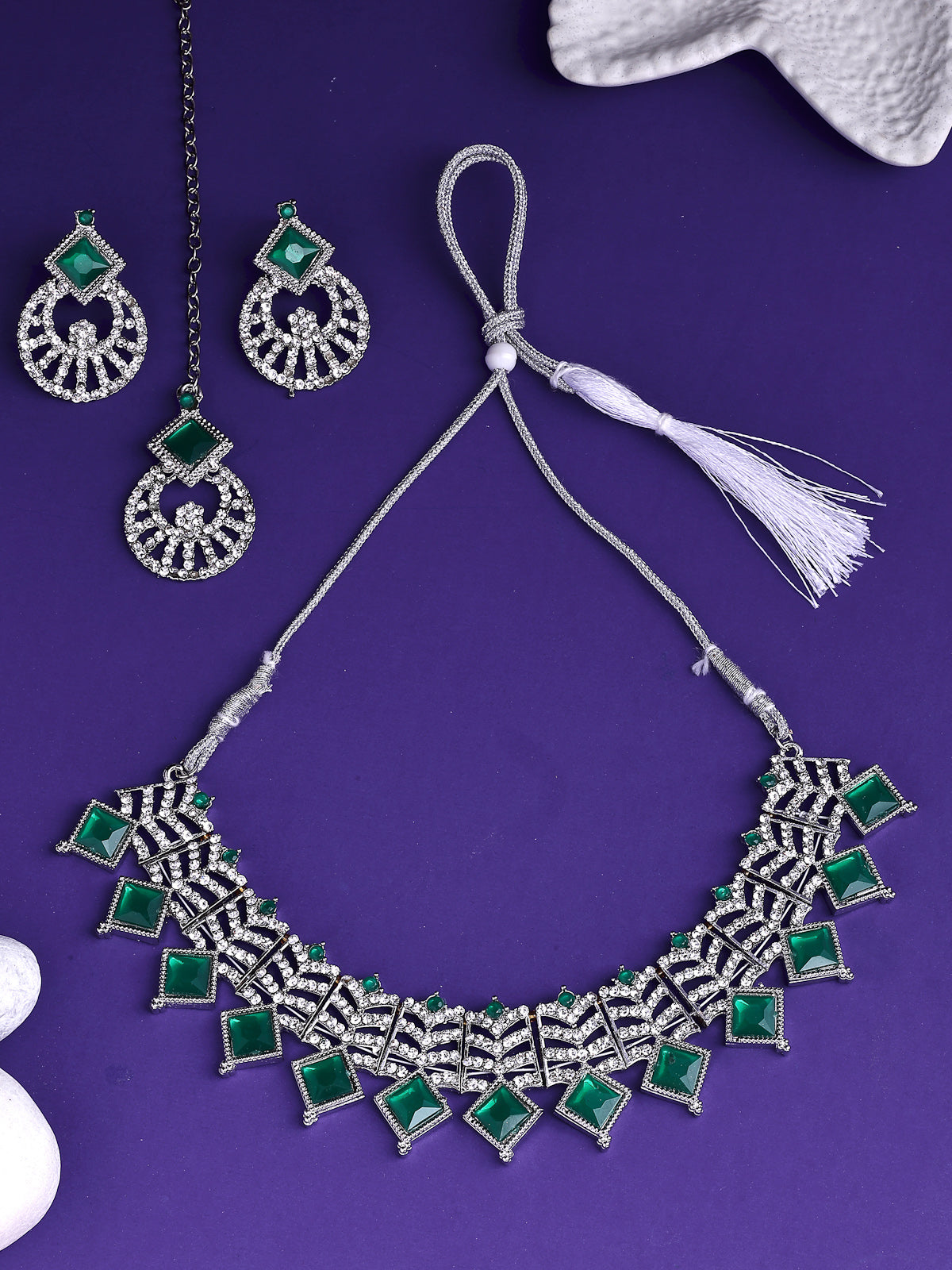 Sukkhi Ornamental Rhodium Plated AD Stones & Beads Choker Necklace Set With Earring And Maangtika | Jewellery Set For Women|NS107532