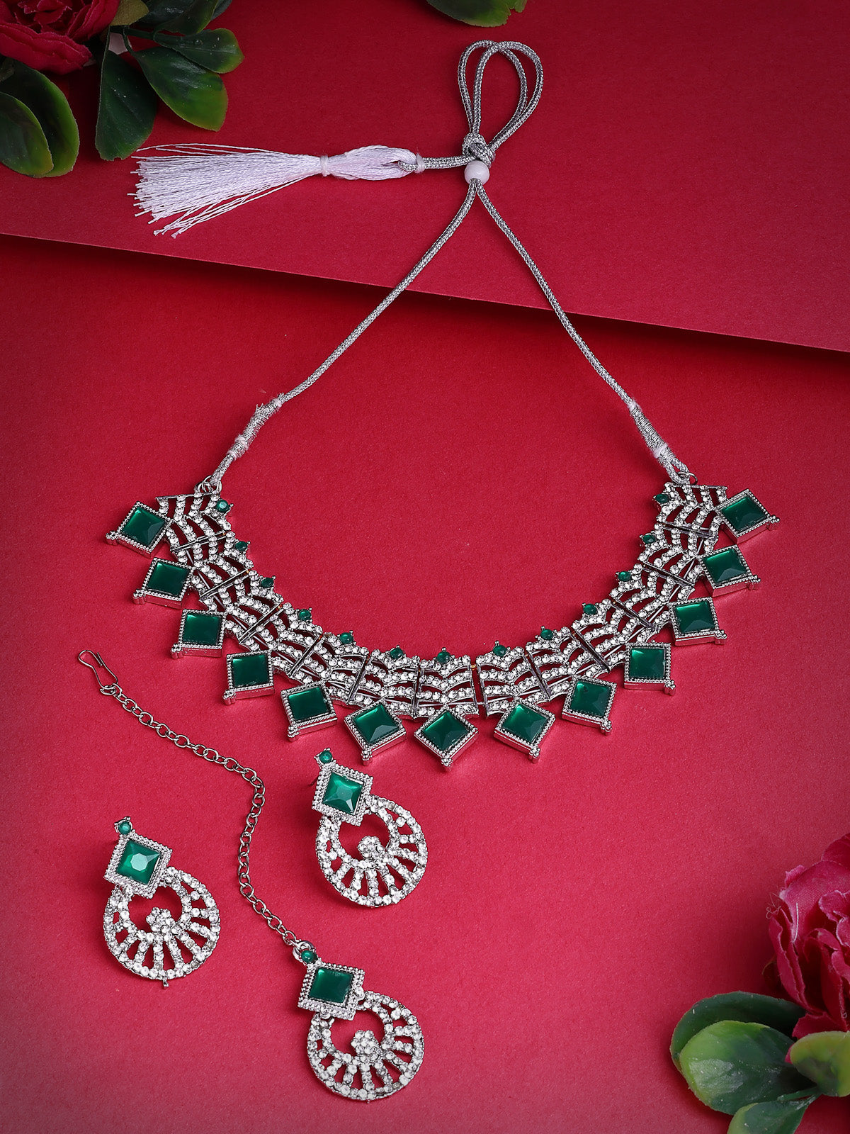 Sukkhi Ornamental Rhodium Plated AD Stones & Beads Choker Necklace Set With Earring And Maangtika | Jewellery Set For Women|NS107532