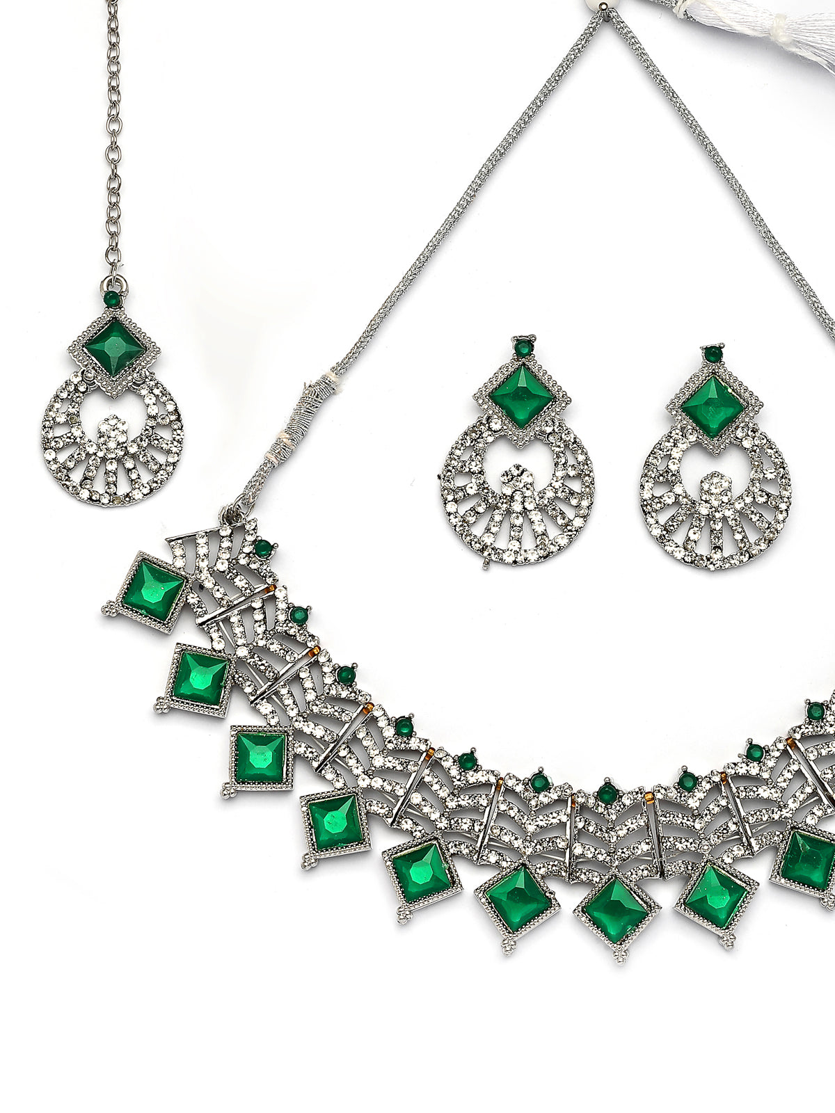 Sukkhi Ornamental Rhodium Plated AD Stones & Beads Choker Necklace Set With Earring And Maangtika | Jewellery Set For Women|NS107532