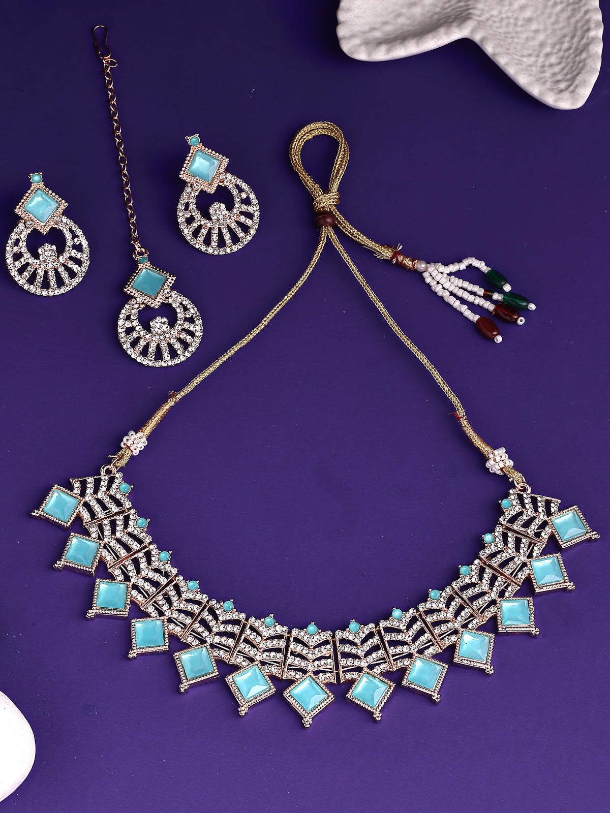 Sukkhi Modern Rose Gold Plated AD Stones & Beads Choker Necklace Set With Earring And Maangtika | Jewellery Set For Women|NS107533