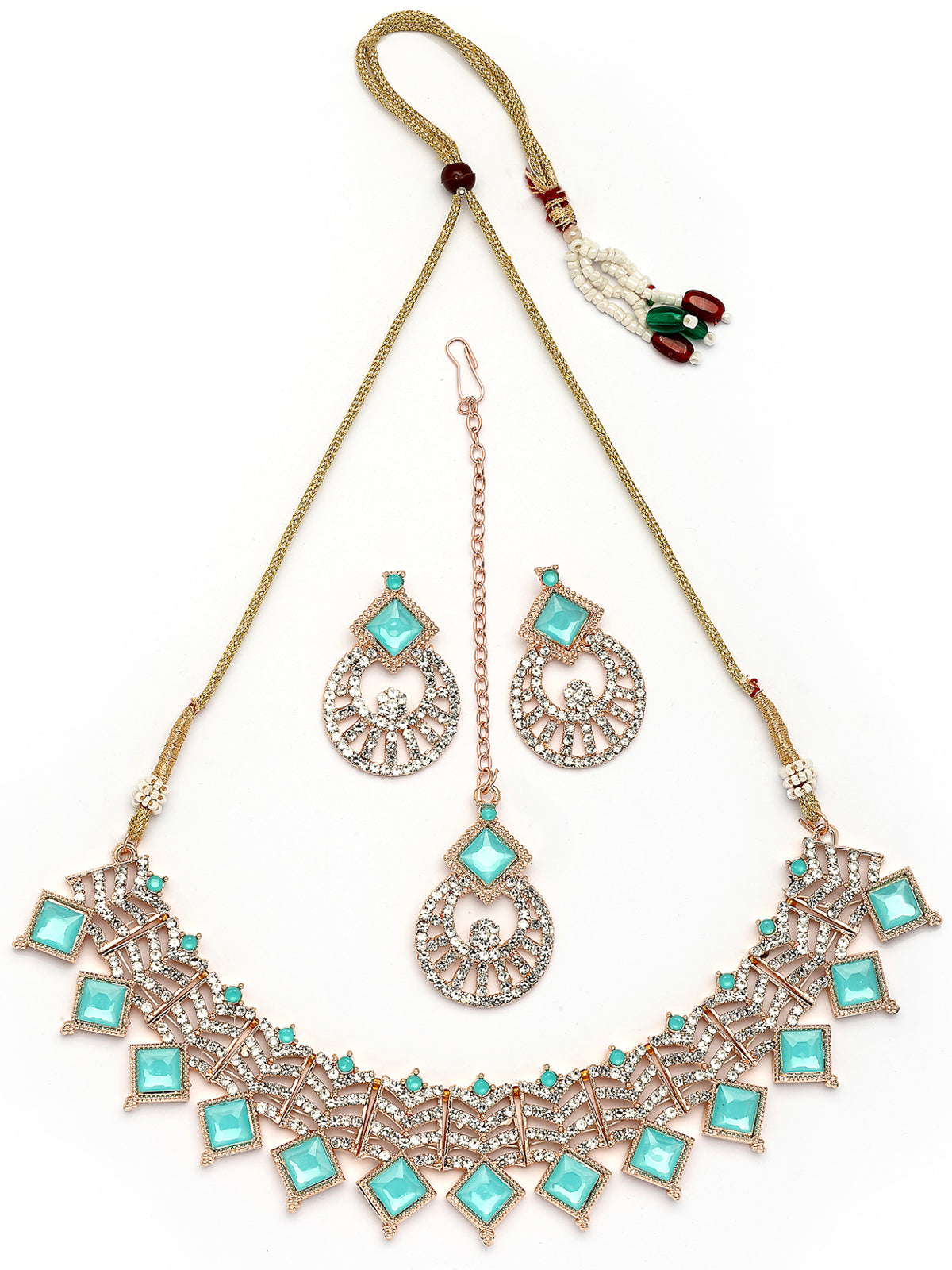 Sukkhi Modern Rose Gold Plated AD Stones & Beads Choker Necklace Set With Earring And Maangtika | Jewellery Set For Women|NS107533