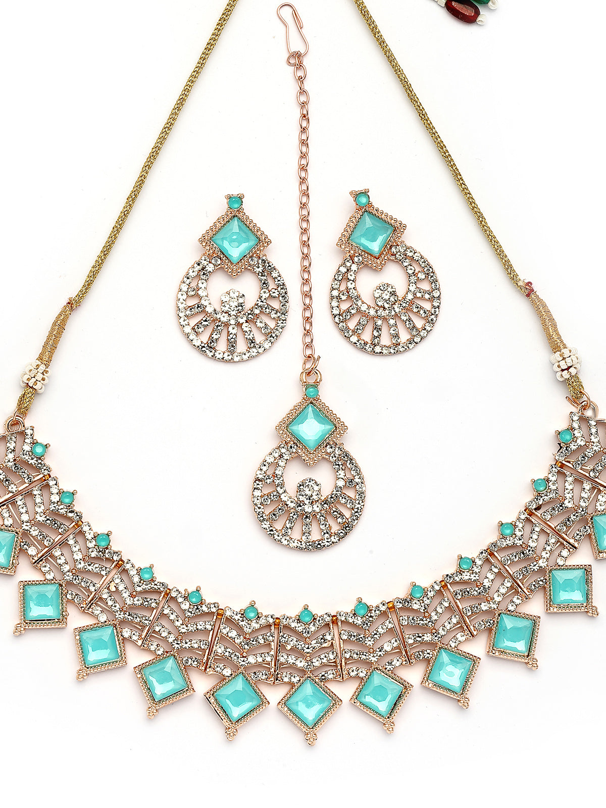 Sukkhi Modern Rose Gold Plated AD Stones & Beads Choker Necklace Set With Earring And Maangtika | Jewellery Set For Women|NS107533