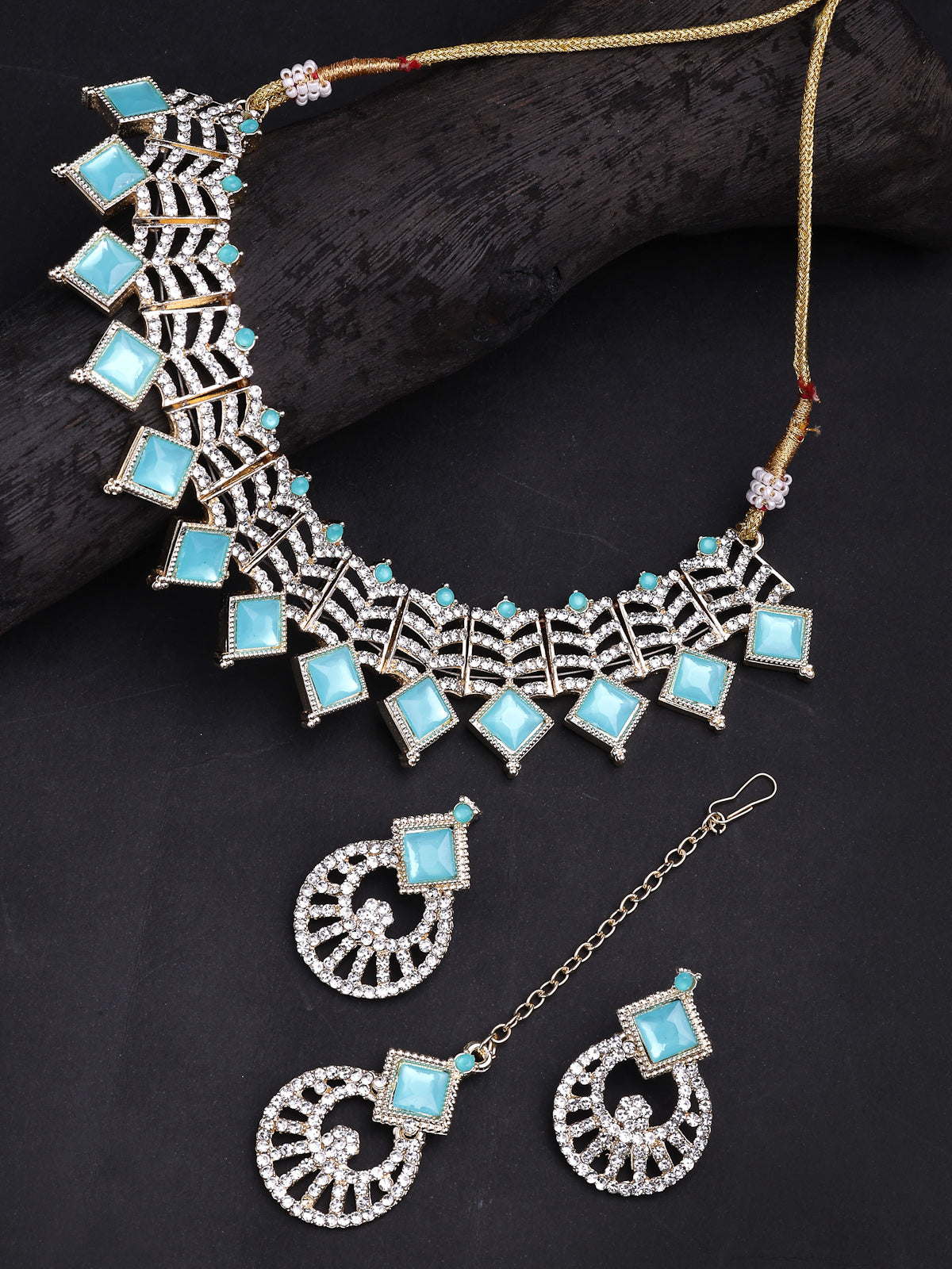 Sukkhi Beautiful Gold Plated AD Stones & Beads Choker Necklace Set With Earring And Maangtika | Jewellery Set For Women|NS107534