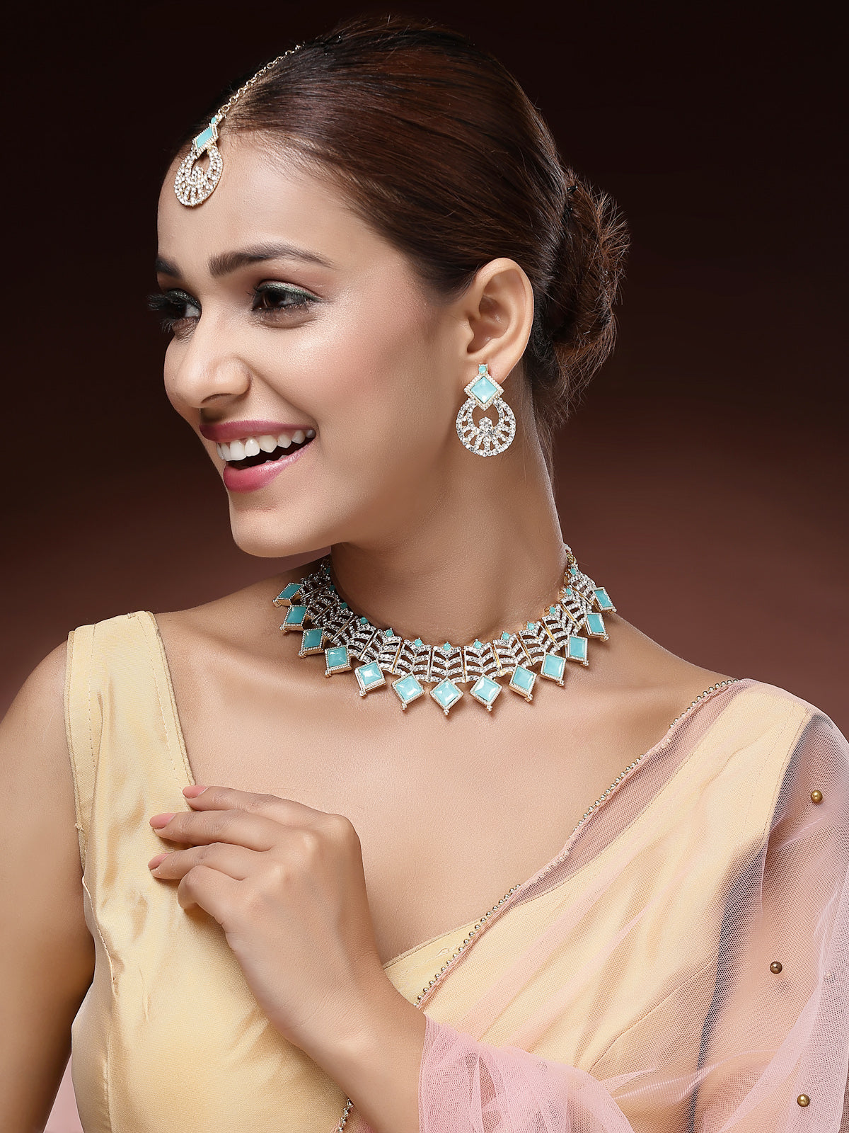 Sukkhi Beautiful Gold Plated AD Stones & Beads Choker Necklace Set With Earring And Maangtika | Jewellery Set For Women|NS107534