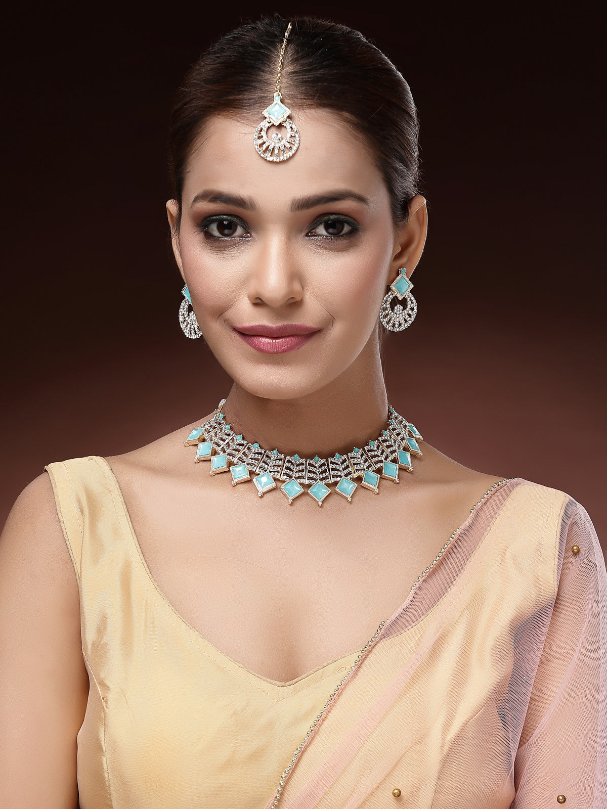 Sukkhi Beautiful Gold Plated AD Stones & Beads Choker Necklace Set With Earring And Maangtika | Jewellery Set For Women|NS107534