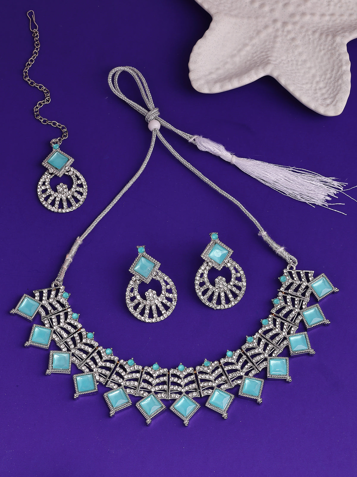 Sukkhi Classic Rhodium Plated AD Stones & Beads Choker Necklace Set With Earring And Maangtika | Jewellery Set For Women|NS107535