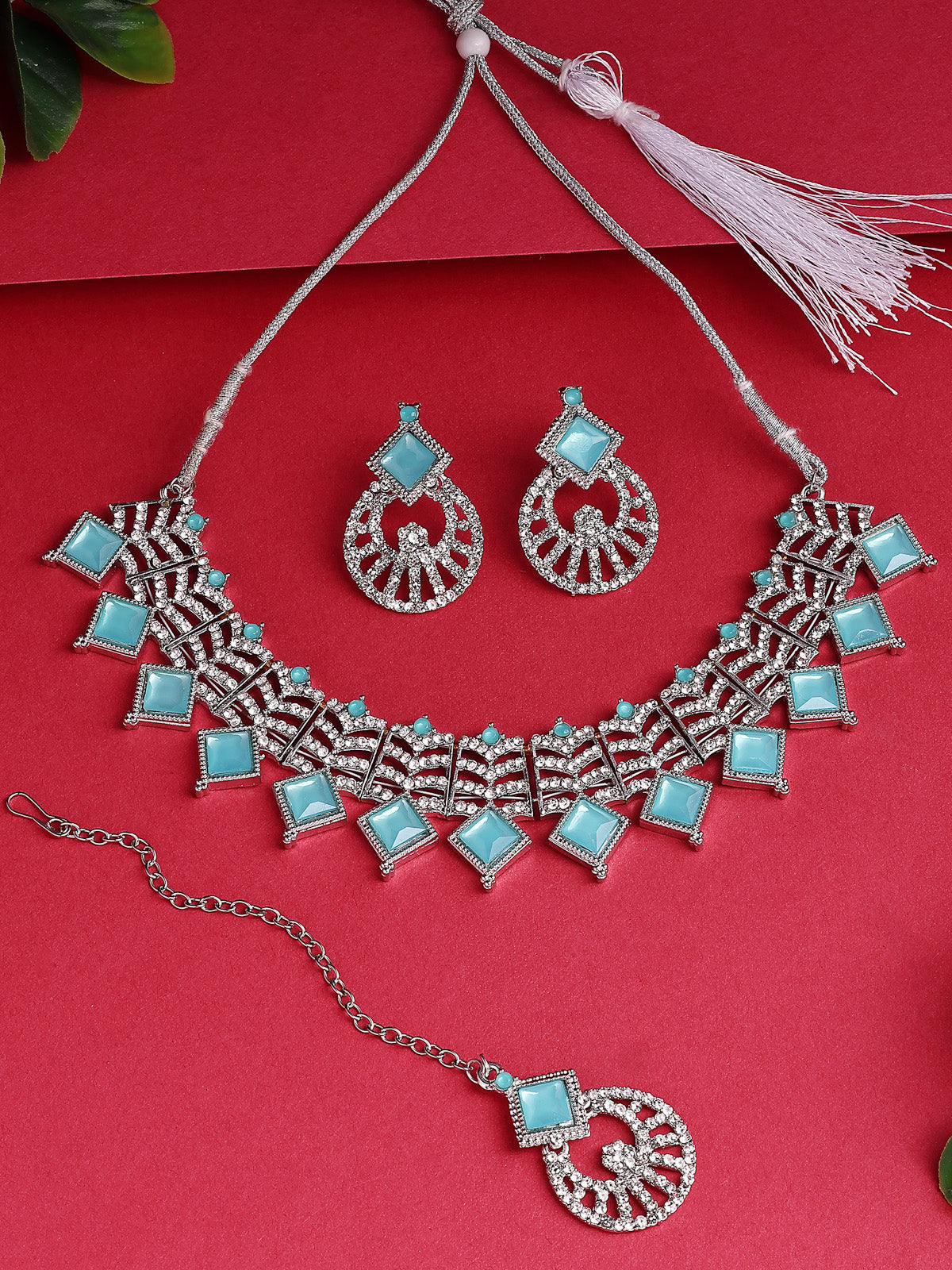 Sukkhi Classic Rhodium Plated AD Stones & Beads Choker Necklace Set With Earring And Maangtika | Jewellery Set For Women|NS107535