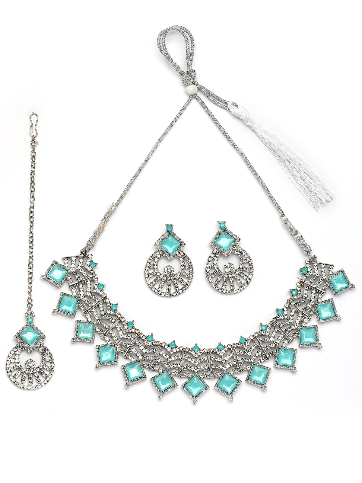 Sukkhi Classic Rhodium Plated AD Stones & Beads Choker Necklace Set With Earring And Maangtika | Jewellery Set For Women|NS107535