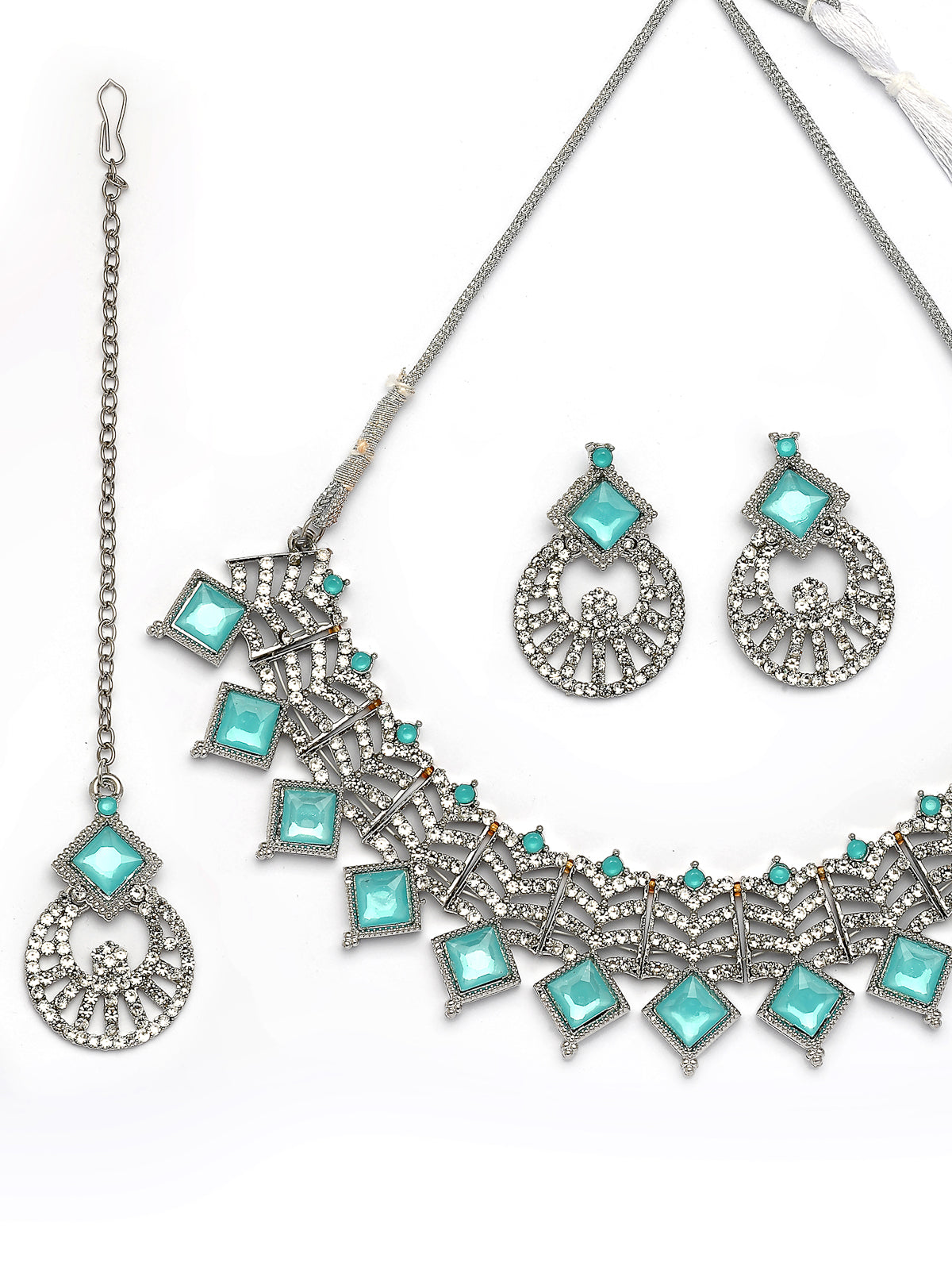 Sukkhi Classic Rhodium Plated AD Stones & Beads Choker Necklace Set With Earring And Maangtika | Jewellery Set For Women|NS107535