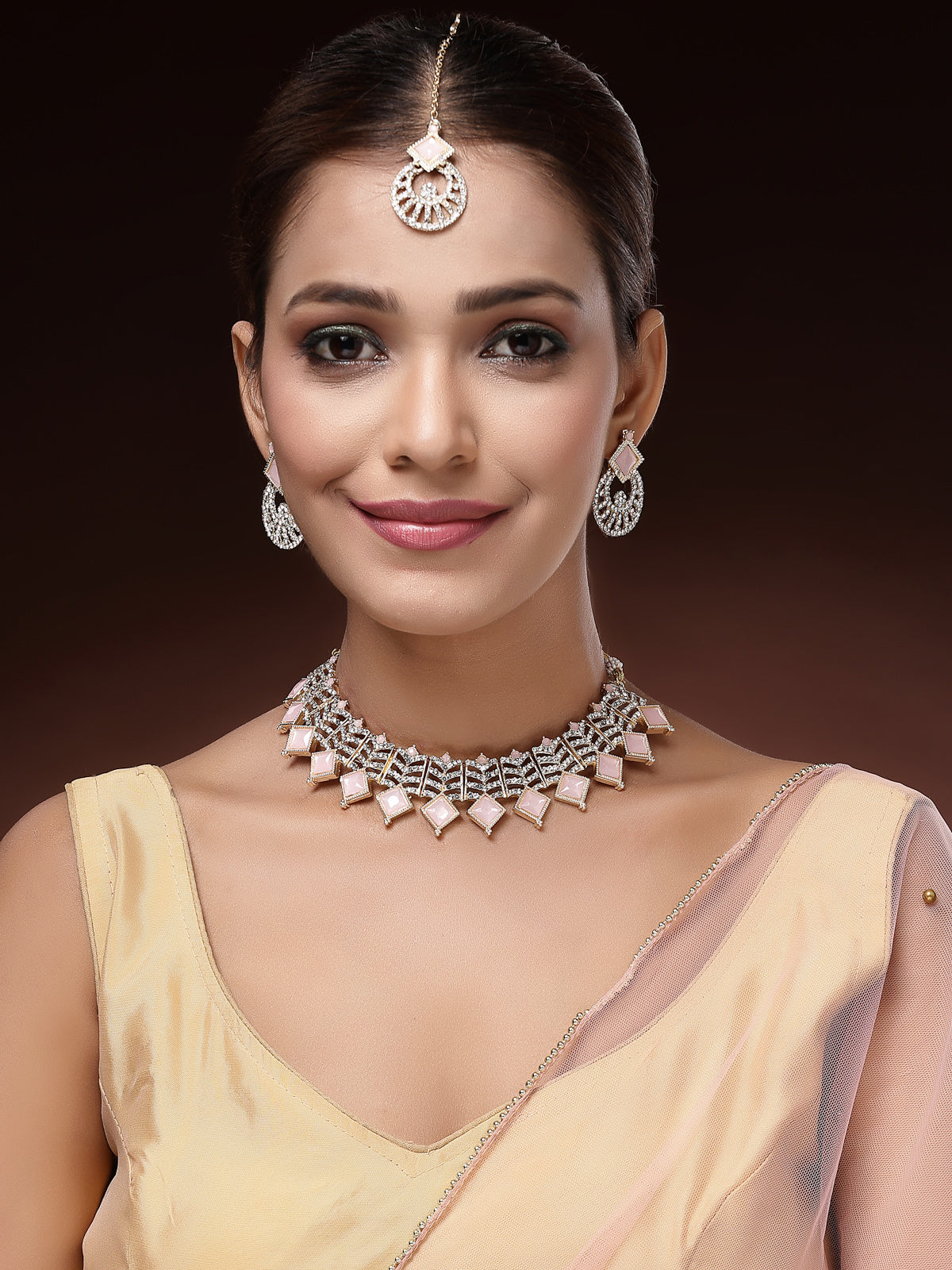 Sukkhi Pretty Gold Plated AD Stones & Beads Choker Necklace Set With Earring And Maangtika | Jewellery Set For Women|NS107536