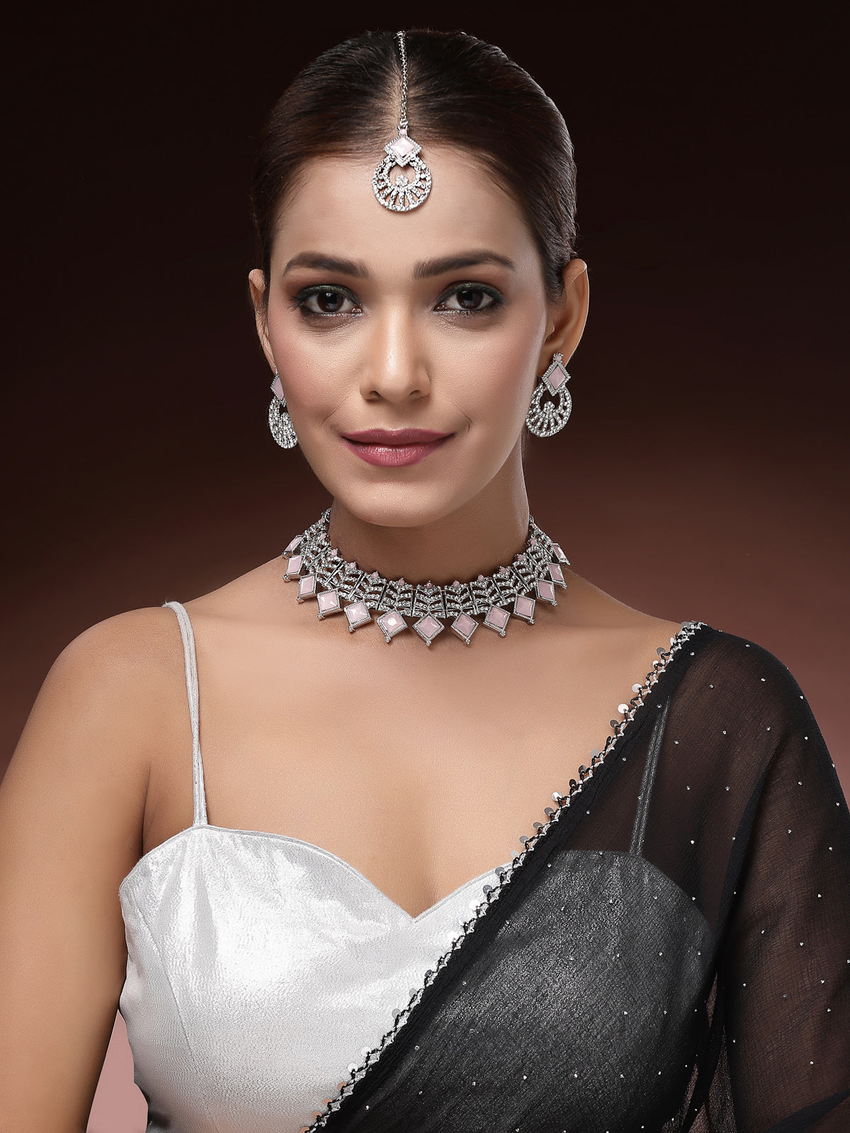 Sukkhi Charming Rhodium Plated AD Stones & Beads Choker Necklace Set With Earring And Maangtika | Jewellery Set For Women|NS107537
