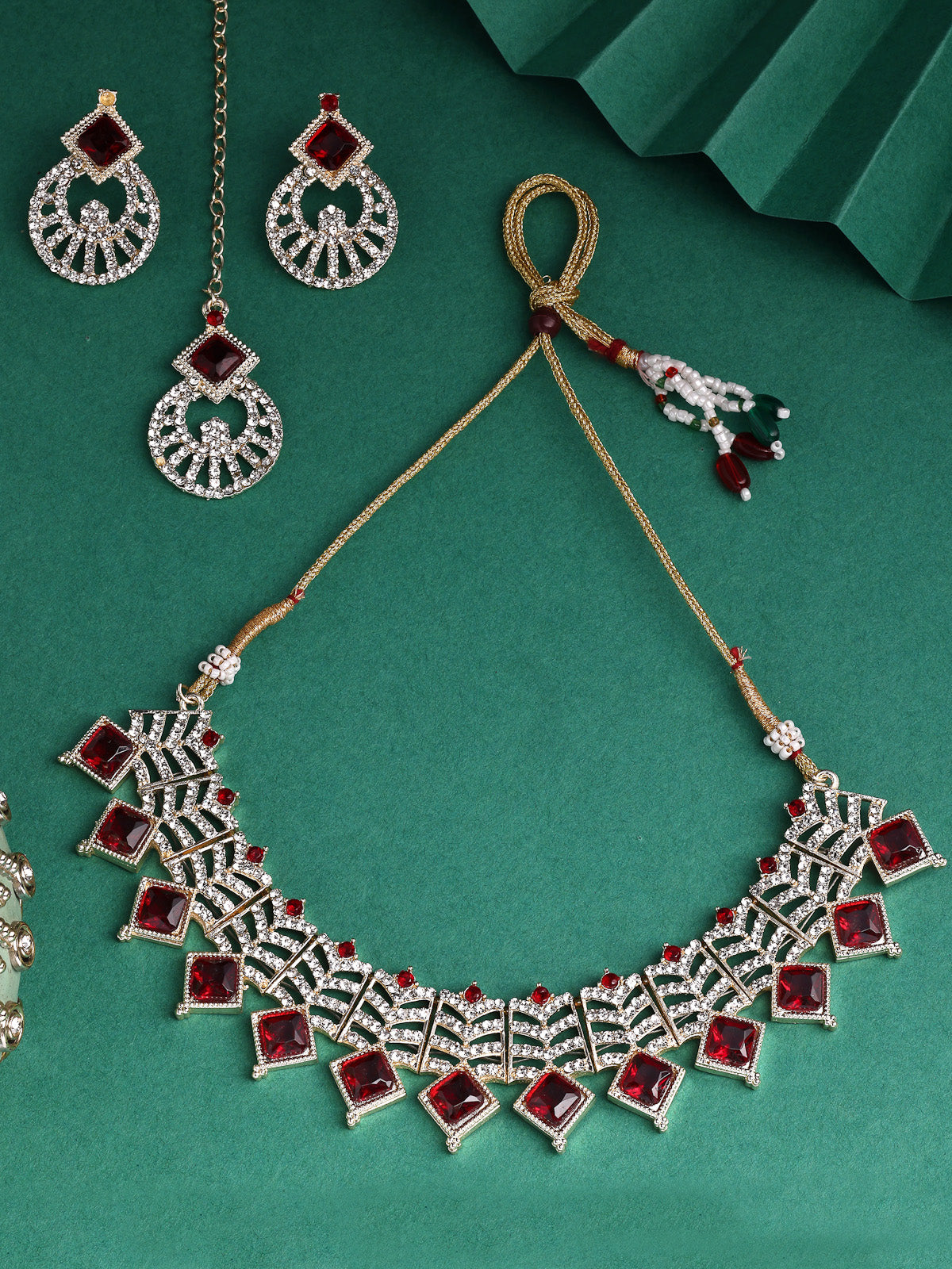 Sukkhi Admirable Gold Plated AD Stones & Beads Choker Necklace Set With Earring And Maangtika | Jewellery Set For Women|NS107539