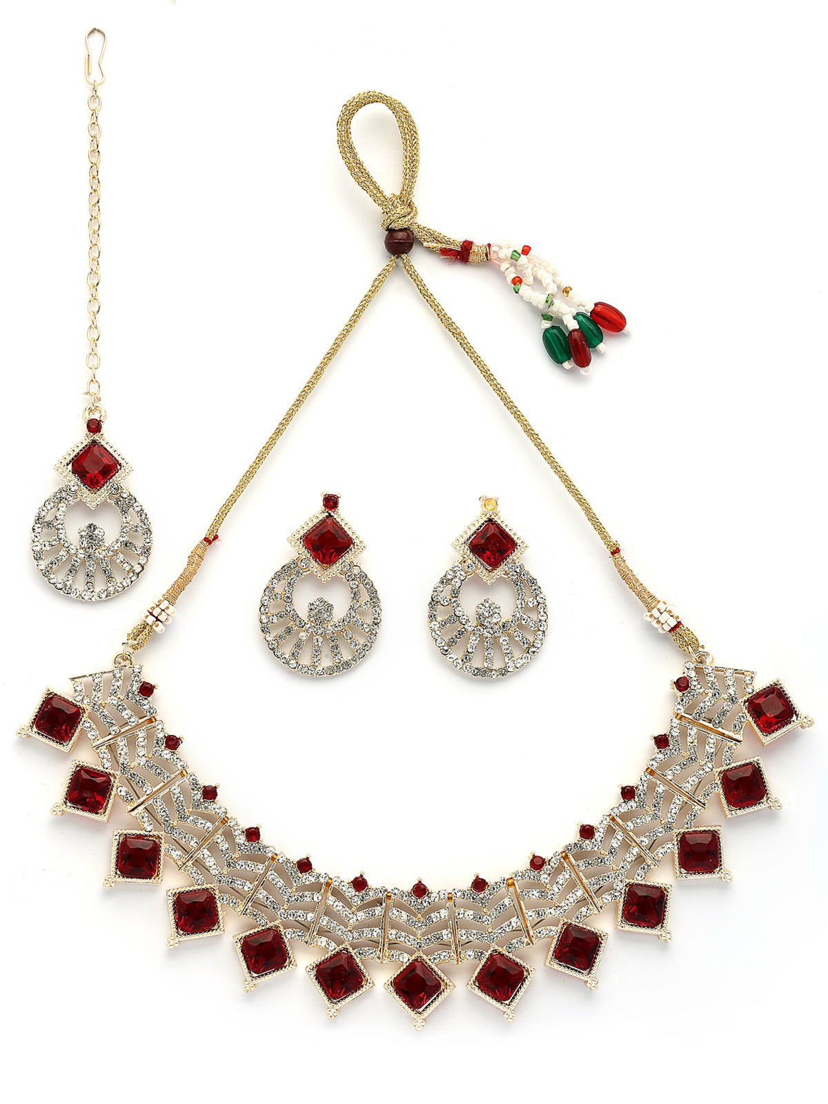 Sukkhi Admirable Gold Plated AD Stones & Beads Choker Necklace Set With Earring And Maangtika | Jewellery Set For Women|NS107539