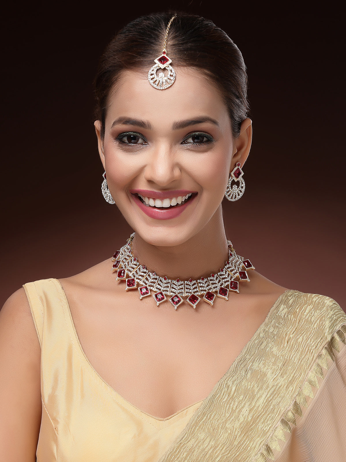 Sukkhi Admirable Gold Plated AD Stones & Beads Choker Necklace Set With Earring And Maangtika | Jewellery Set For Women|NS107539