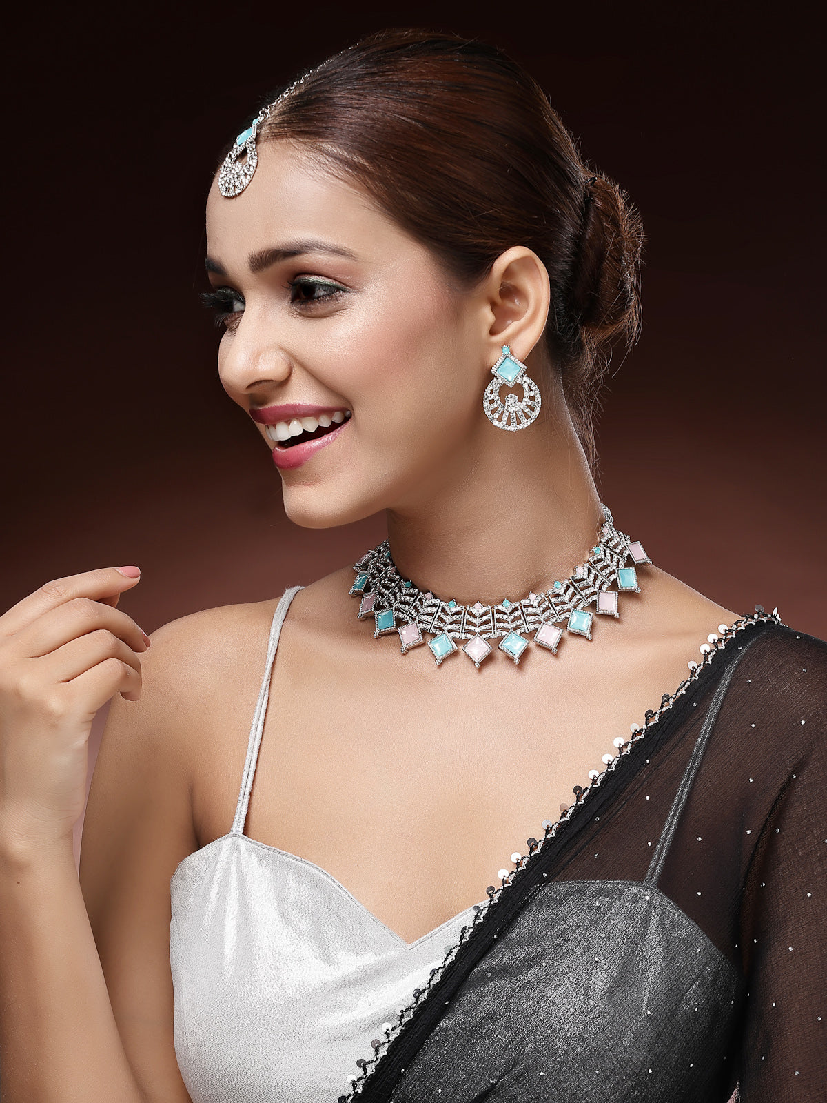 Sukkhi Attractive Rhodium Plated AD Stones & Beads Choker Necklace Set With Earring And Maangtika | Jewellery Set For Women|NS107540
