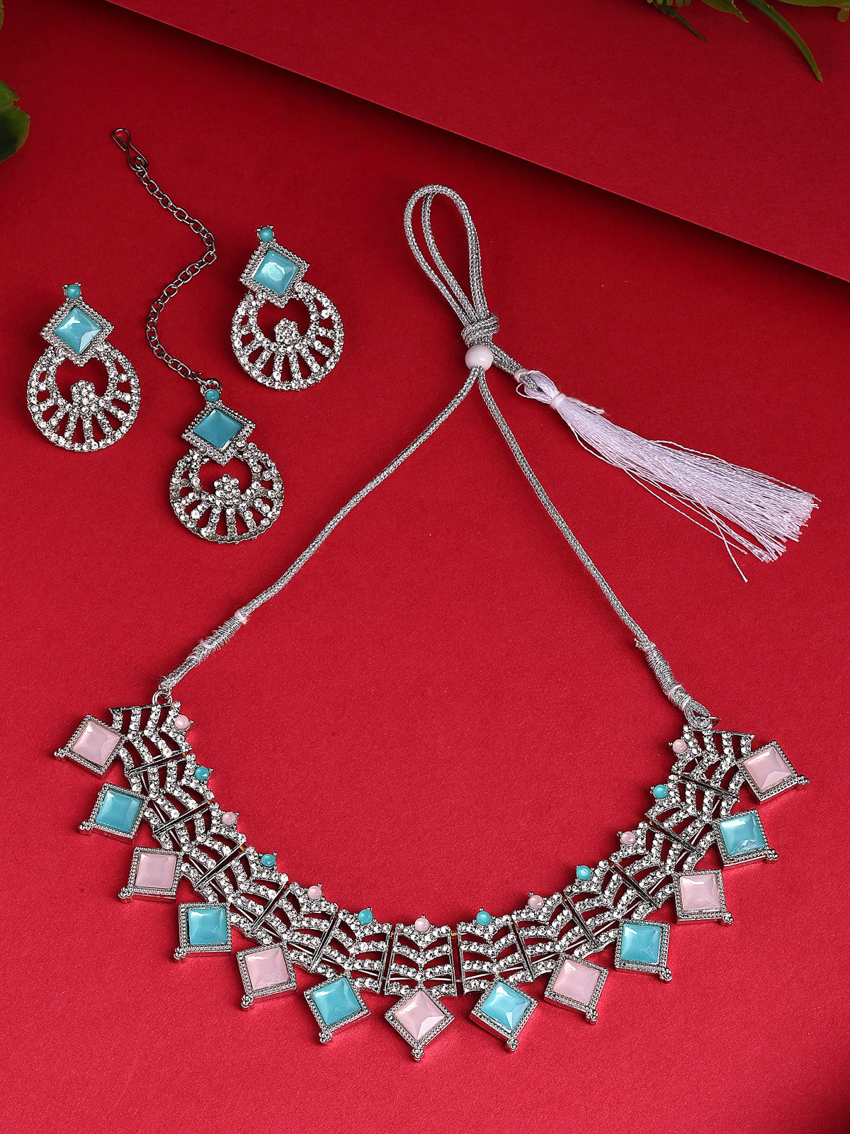 Sukkhi Attractive Rhodium Plated AD Stones & Beads Choker Necklace Set With Earring And Maangtika | Jewellery Set For Women|NS107540