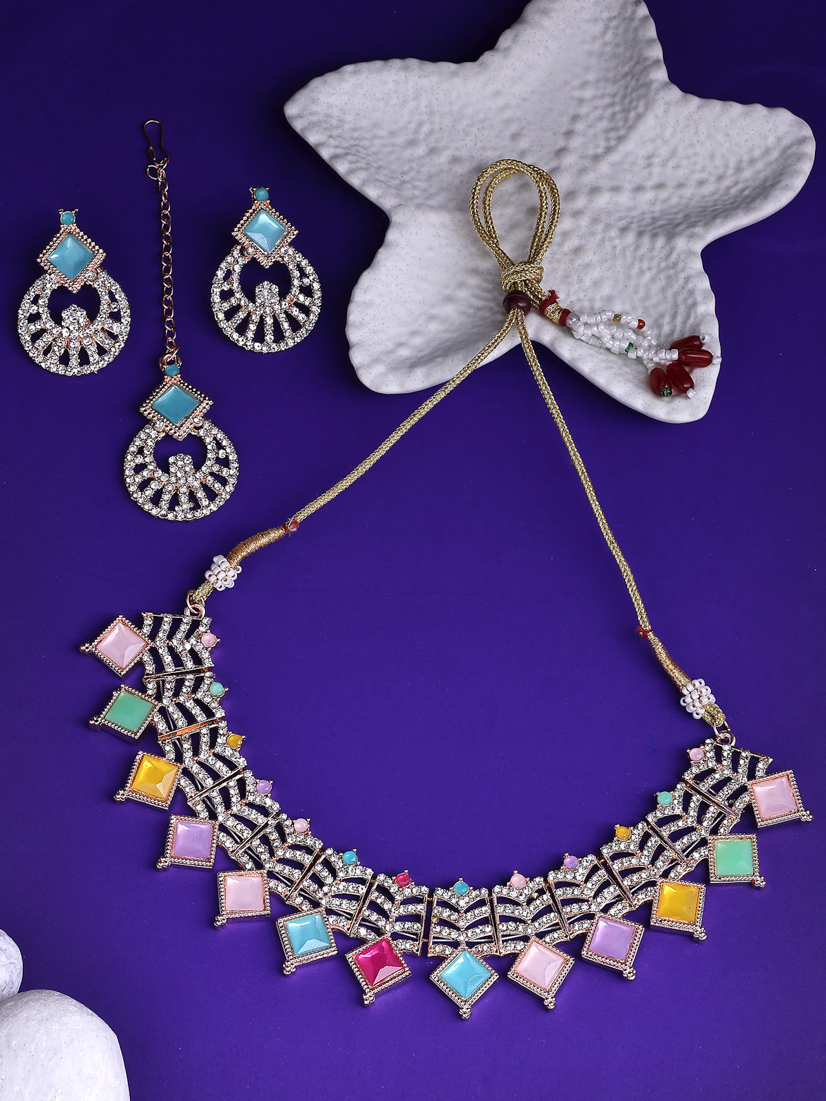 Sukkhi Charming Rose Gold Plated AD Stones & Beads Choker Necklace Set With Earring And Maangtika | Jewellery Set For Women|NS107541