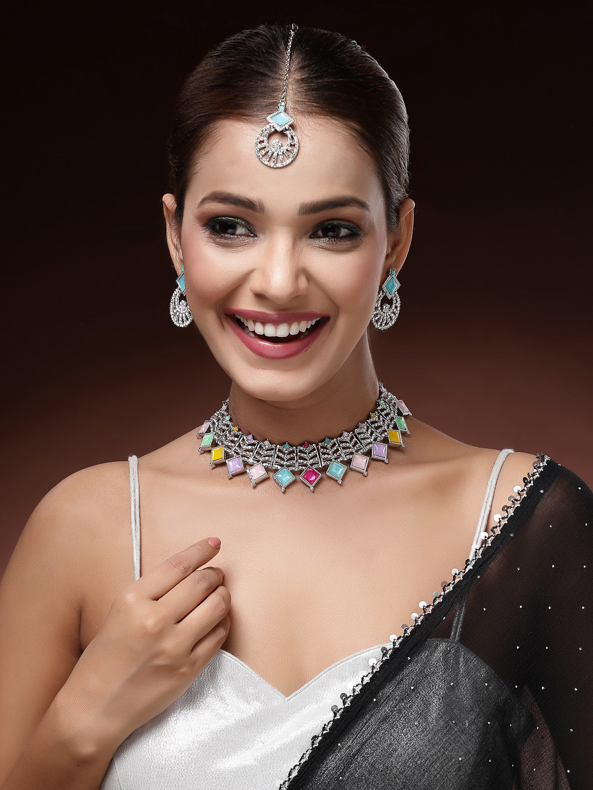 Sukkhi Bewitching Rhodium Plated AD Stones & Beads Choker Necklace Set With Earring And Maangtika | Jewellery Set For Women|NS107542