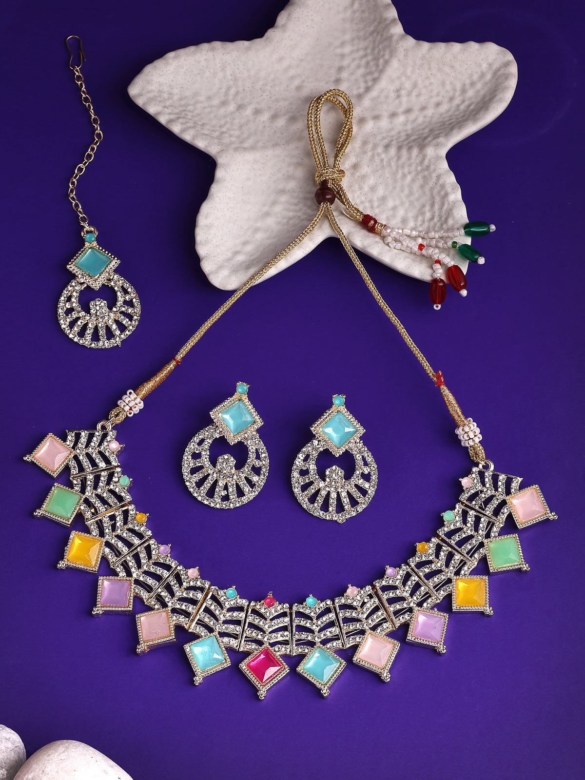 Sukkhi Decent Gold Plated AD Stones & Beads Choker Necklace Set With Earring And Maangtika | Jewellery Set For Women|NS107543