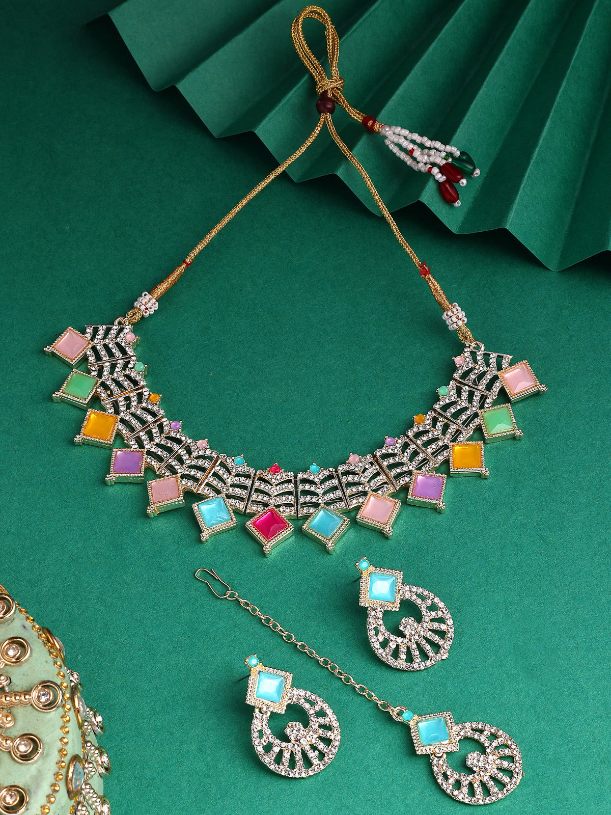 Sukkhi Decent Gold Plated AD Stones & Beads Choker Necklace Set With Earring And Maangtika | Jewellery Set For Women|NS107543