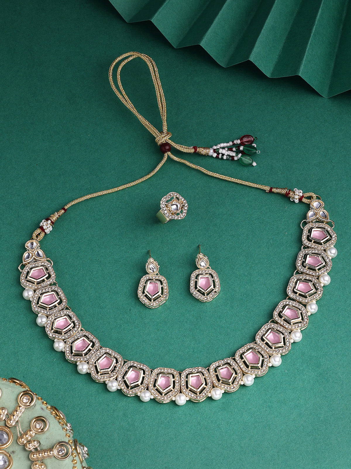 Sukkhi Modern Stylish Gold Plated AD Stones Studded Pink Choker Necklace Set with Drop Earrings Jewellery for Women & Girls|Jewellery for Party, Wedding, and Festive Occasions for Women|NS107547