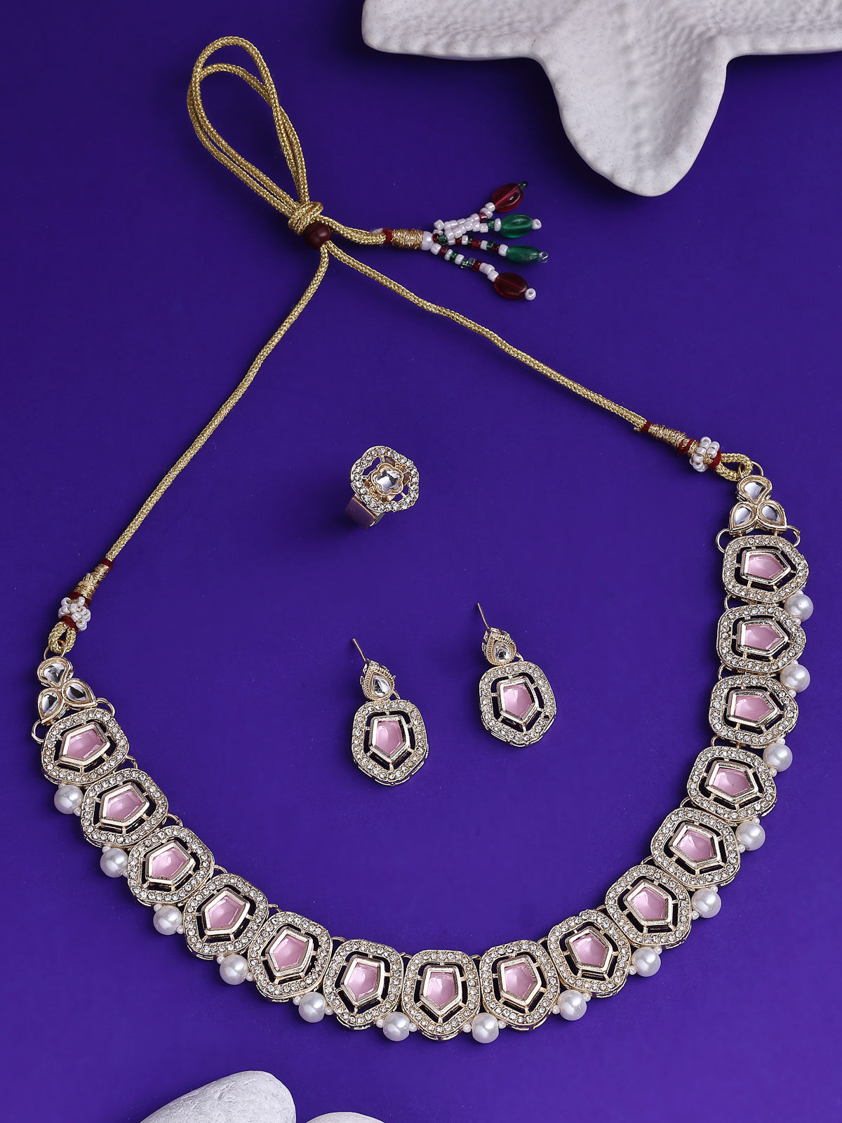 Sukkhi Modern Stylish Gold Plated AD Stones Studded Pink Choker Necklace Set with Drop Earrings Jewellery for Women & Girls|Jewellery for Party, Wedding, and Festive Occasions for Women|NS107547