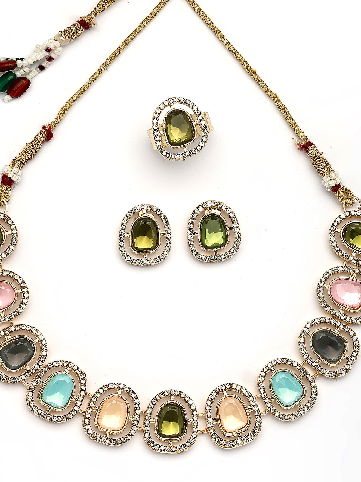Sukkhi Iconic Gold Plated AD Stones Studded Multicolor Choker Necklace Set with Studs Earrings & Ring Jewellery for Women & Girls|Jewellery for Party, Wedding, and Festive Occasions for Women|NS107548