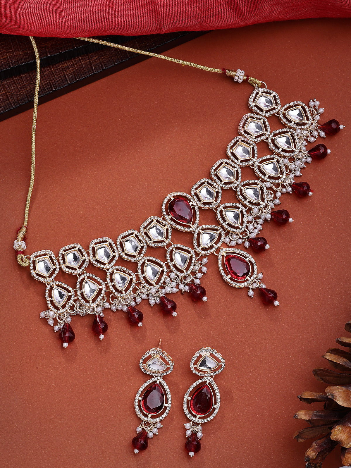 Sukkhi Latest Stylish Gold Plated AD Stones & Beads Studded Red Choker Necklace Set with Drop Earrings Jewellery for Women & Girls|Jewellery for Party, Wedding, and Festive Occasions for Women|NS107551