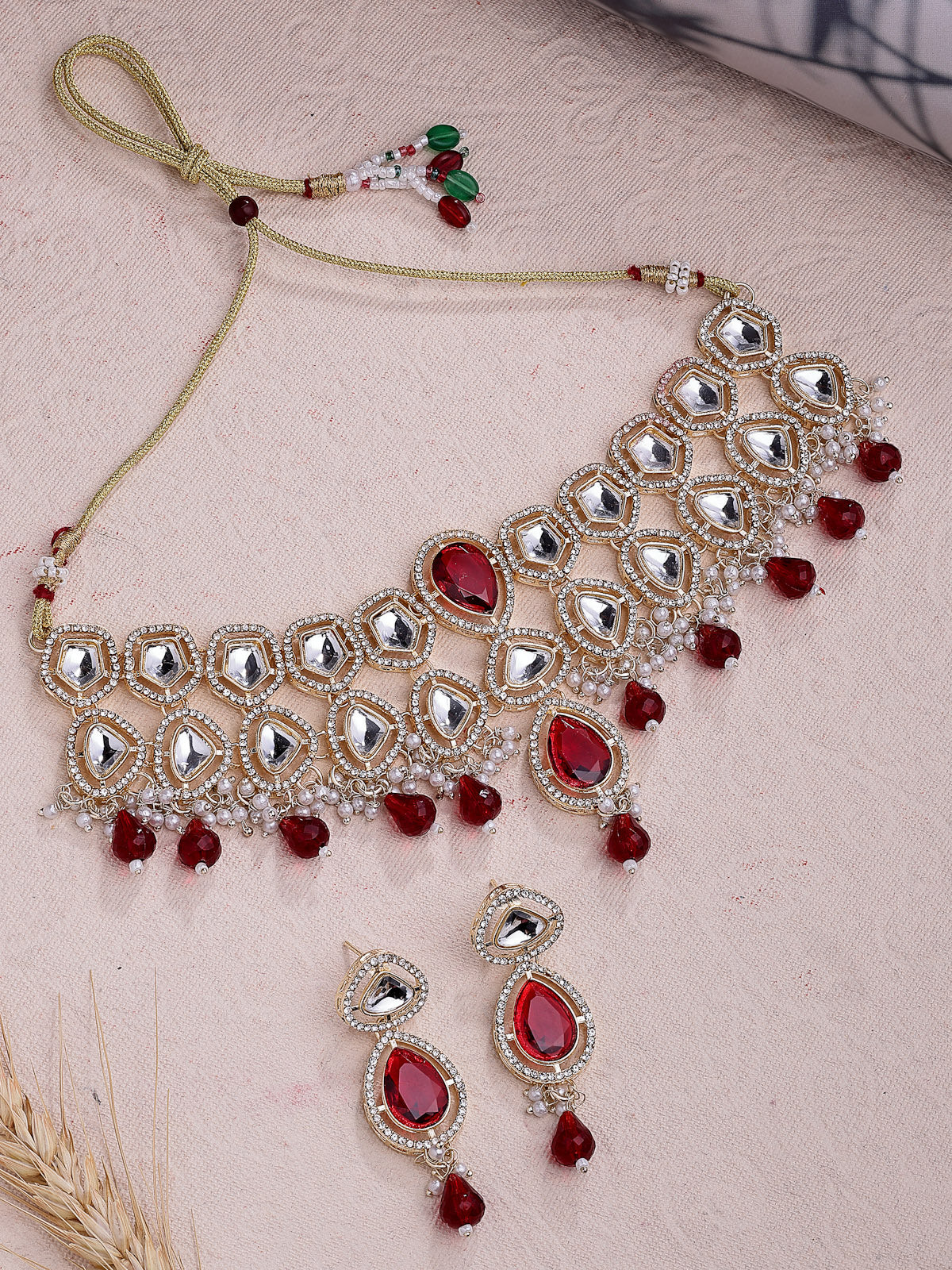 Sukkhi Latest Stylish Gold Plated AD Stones & Beads Studded Red Choker Necklace Set with Drop Earrings Jewellery for Women & Girls|Jewellery for Party, Wedding, and Festive Occasions for Women|NS107551