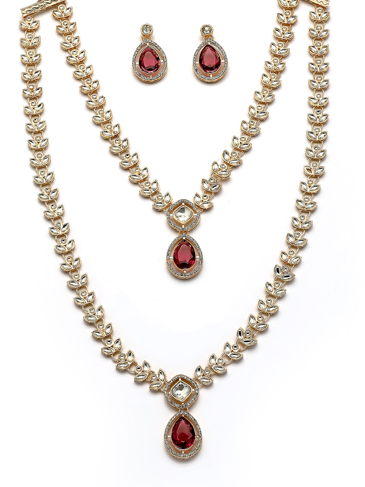 Sukkhi Impressive Gold Plated AD Stones Studded Red Layer Choker Necklace Set with Drop Earrings Jewellery for Women & Girls|Jewellery for Party, Wedding, and Festive Occasions for Women|NS107555