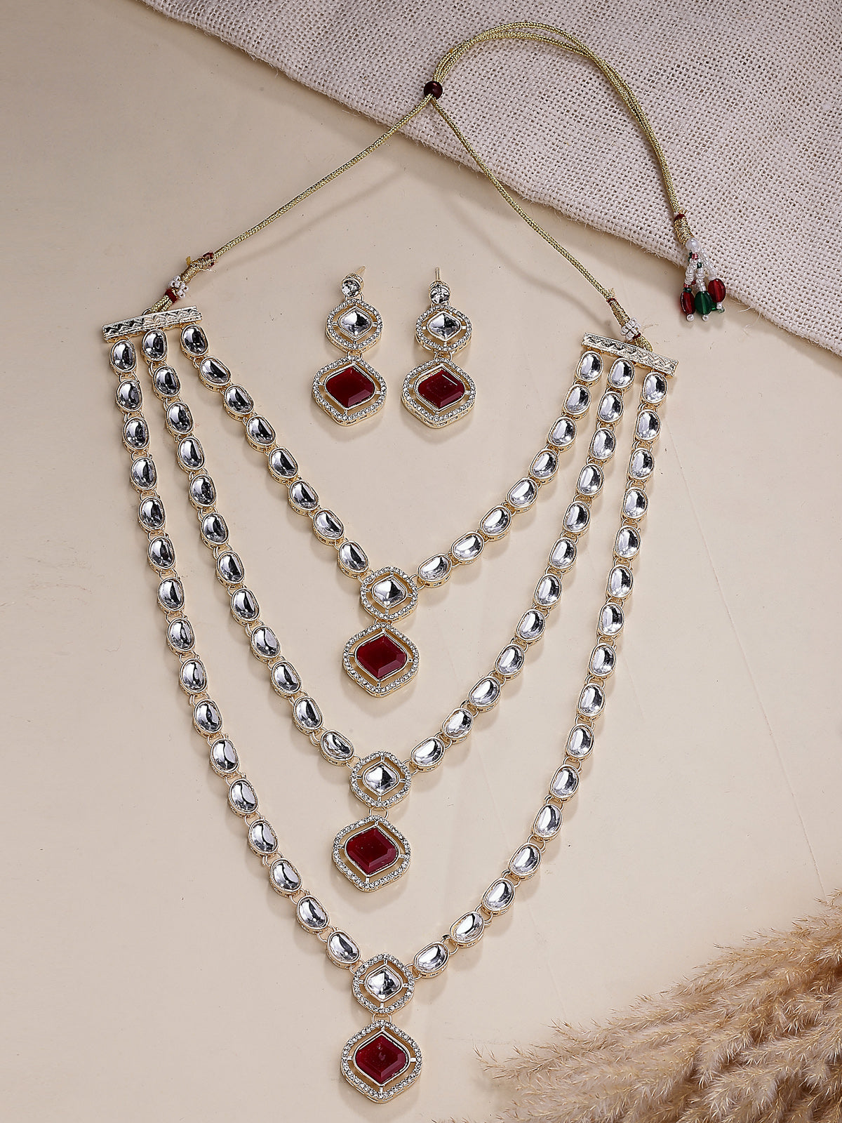 Sukkhi Stunning Gold Plated AD Stones Studded Red Multi Layer Choker Necklace Set with Drop Earrings Jewellery for Women & Girls|Jewellery for Party, Wedding, and Festive Occasions for Women|NS107558