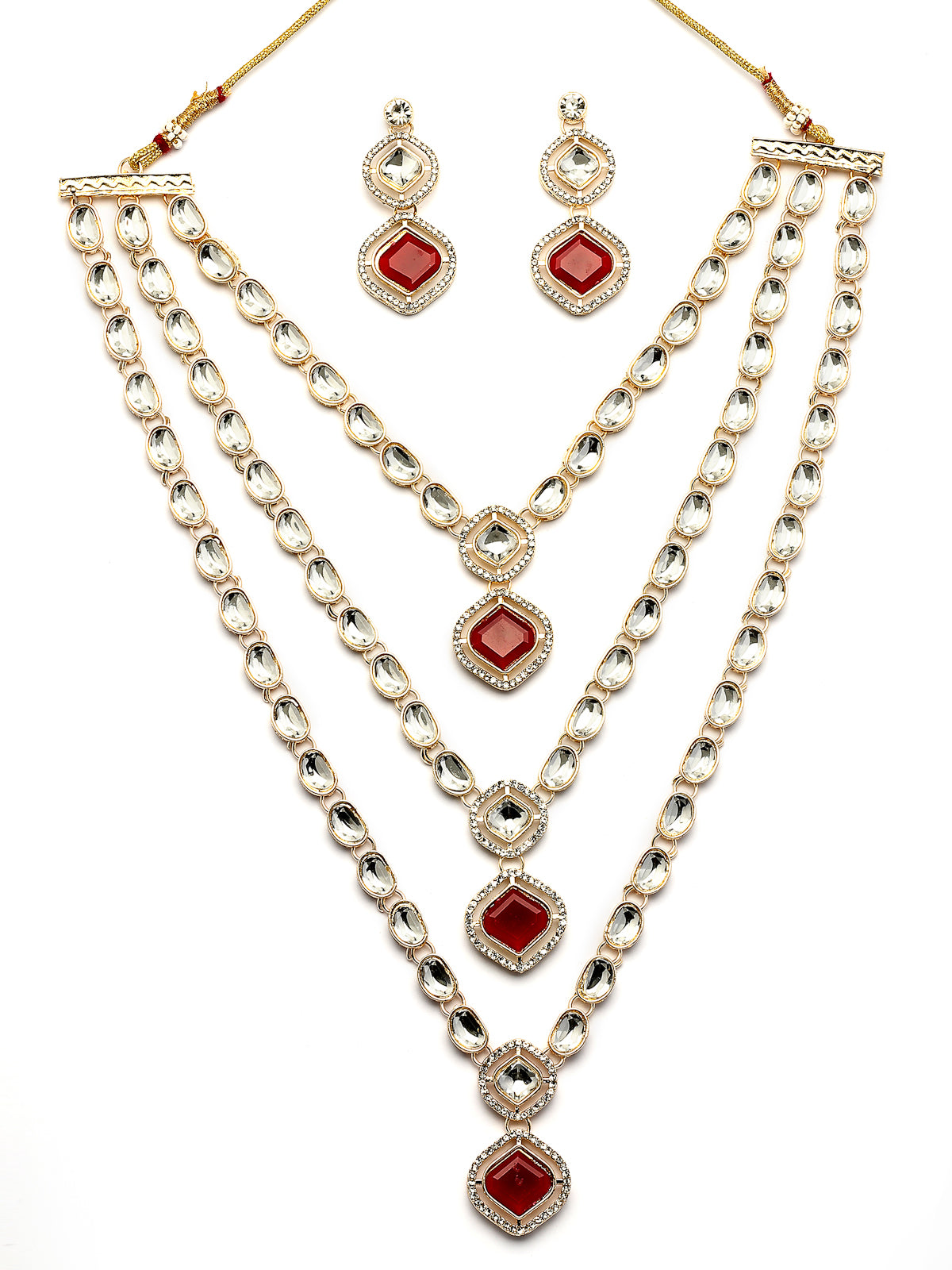 Sukkhi Stunning Gold Plated AD Stones Studded Red Multi Layer Choker Necklace Set with Drop Earrings Jewellery for Women & Girls|Jewellery for Party, Wedding, and Festive Occasions for Women|NS107558