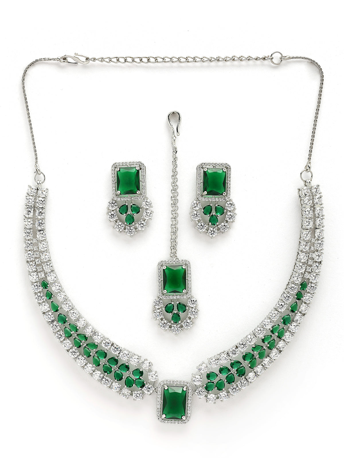 Sukkhi Latest Stylish Rhodium Plated Cubic Zirconia Studded Brass Emerald Green Collar Necklace & Studs Earring & Maangtikka Jewellery Set for Women|Latest Stylish Gifts for All Occasions|NS115977