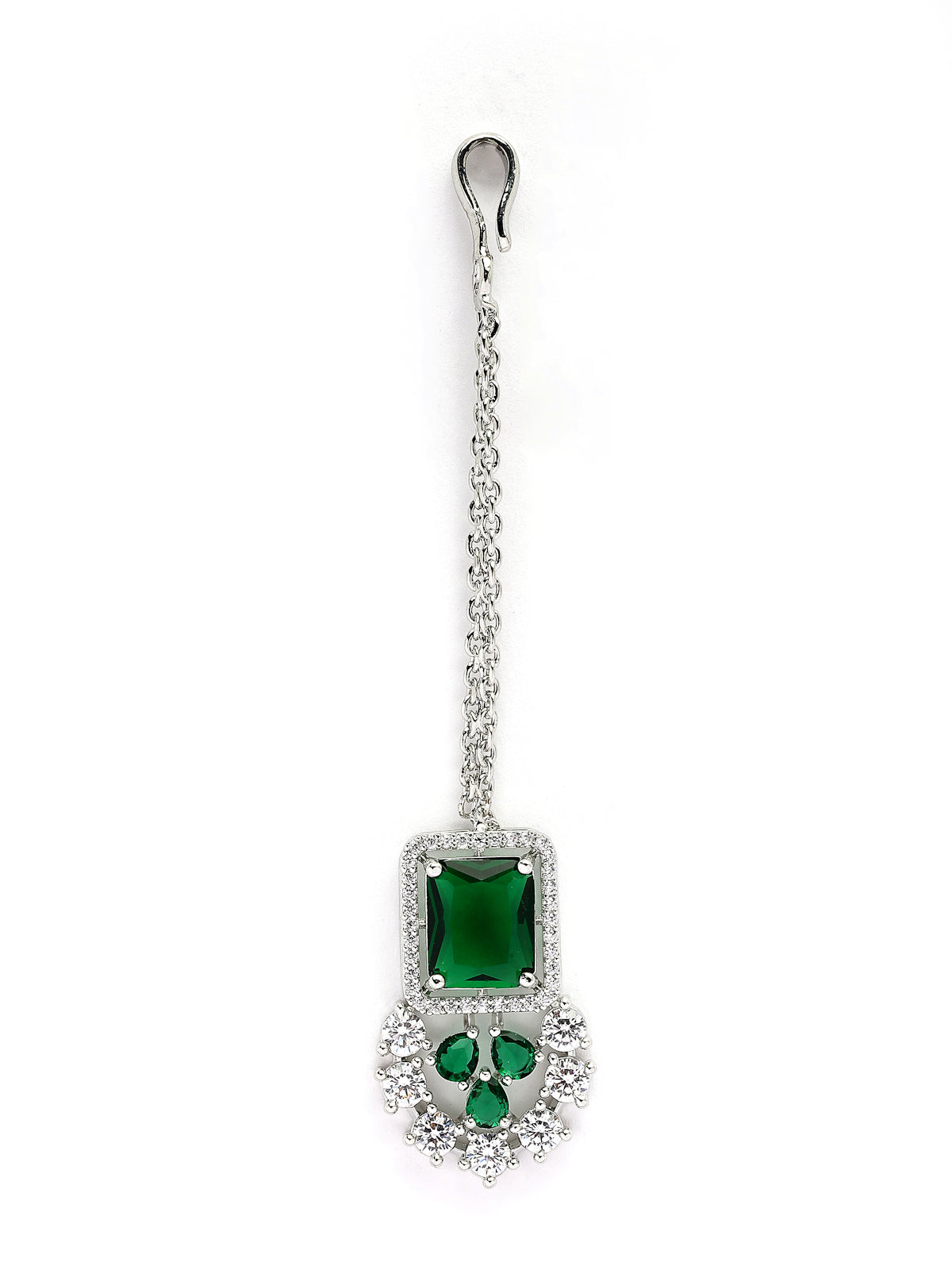 Sukkhi Latest Stylish Rhodium Plated Cubic Zirconia Studded Brass Emerald Green Collar Necklace & Studs Earring & Maangtikka Jewellery Set for Women|Latest Stylish Gifts for All Occasions|NS115977