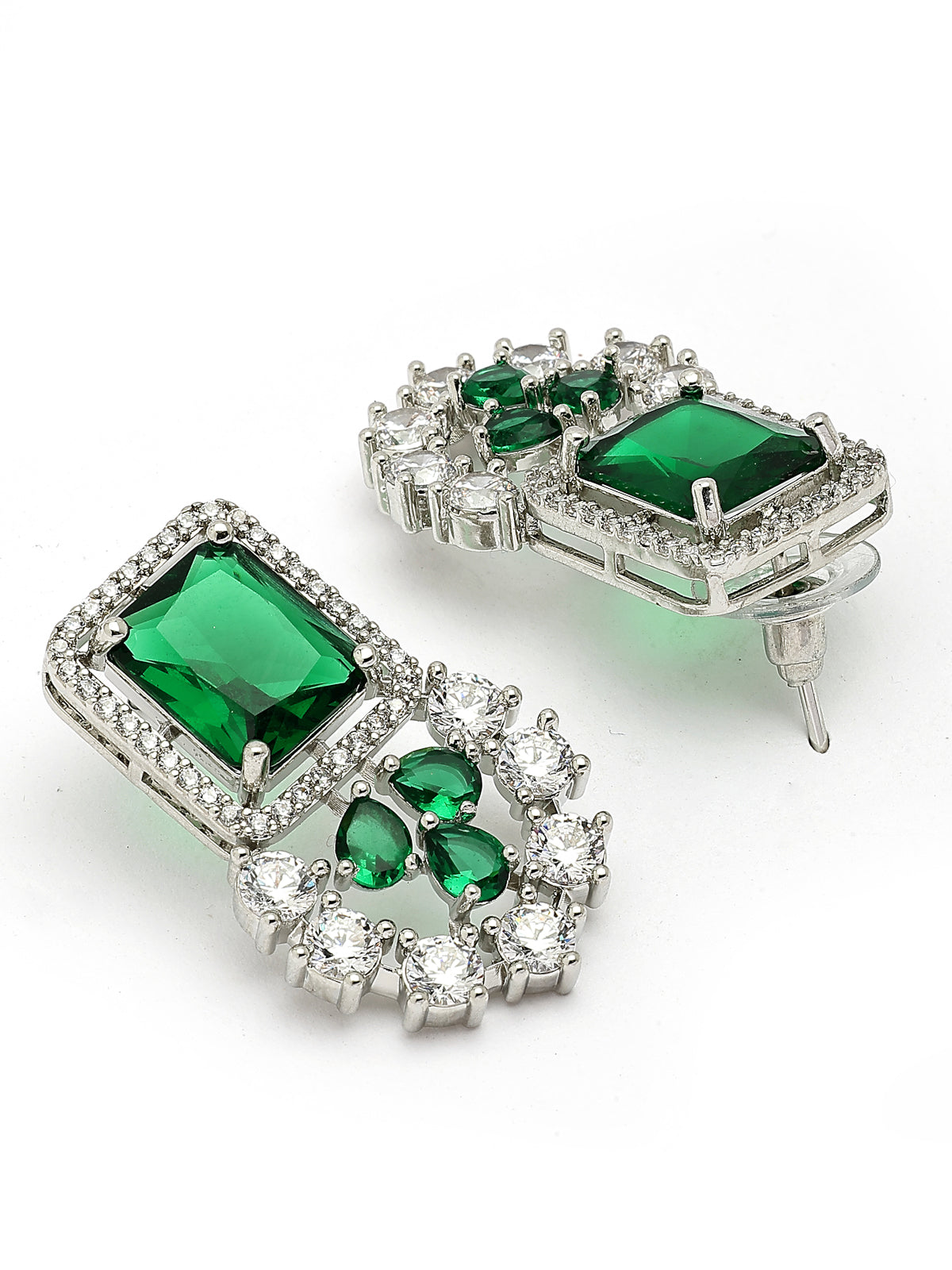 Sukkhi Latest Stylish Rhodium Plated Cubic Zirconia Studded Brass Emerald Green Collar Necklace & Studs Earring & Maangtikka Jewellery Set for Women|Latest Stylish Gifts for All Occasions|NS115977