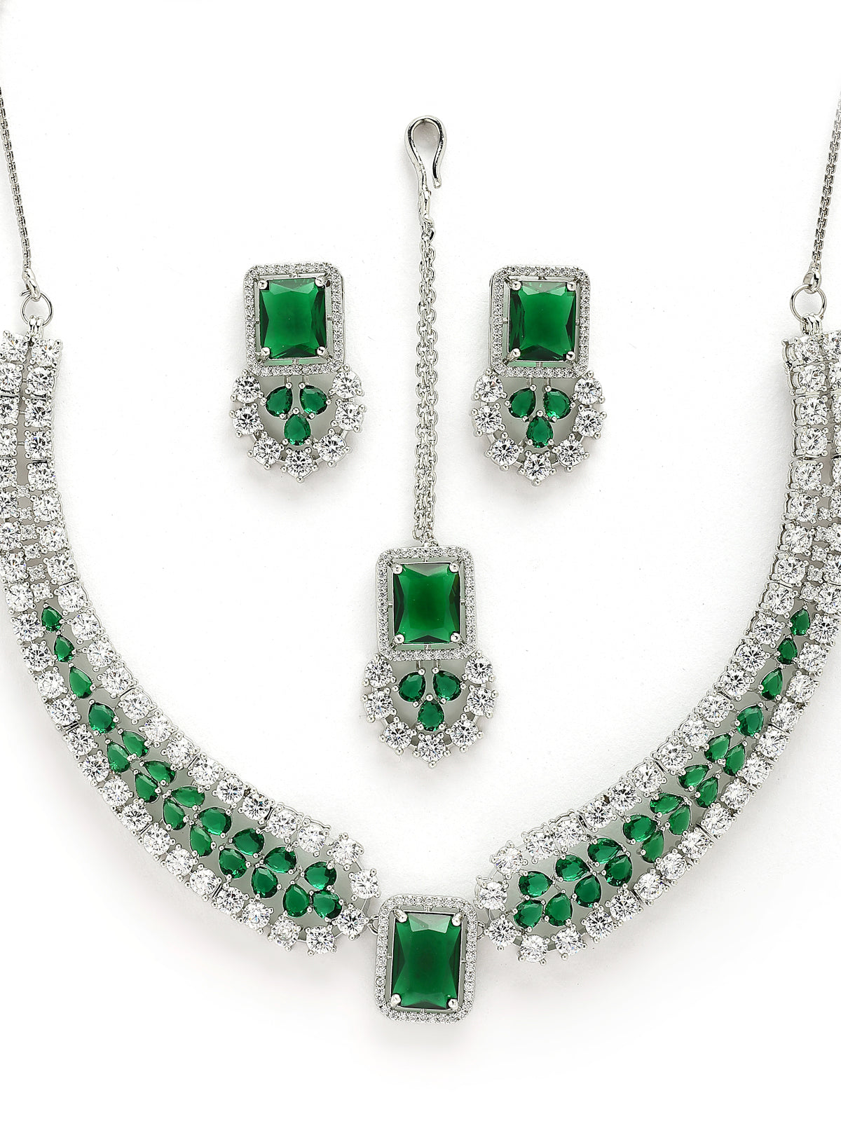 Sukkhi Latest Stylish Rhodium Plated Cubic Zirconia Studded Brass Emerald Green Collar Necklace & Studs Earring & Maangtikka Jewellery Set for Women|Latest Stylish Gifts for All Occasions|NS115977