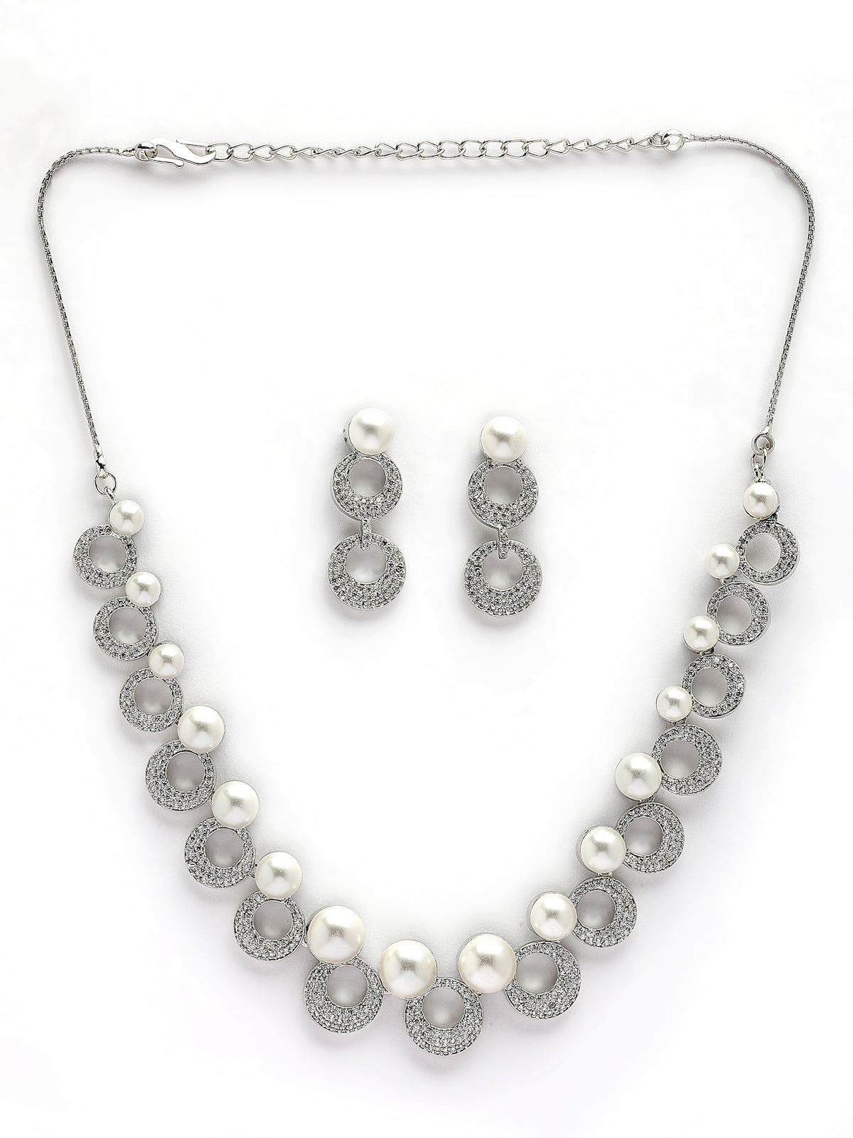 Sukkhi Universal Style Fashion Rhodium Plated With Cubic Zirconia & Pearl Studded Brass White Collar Necklace & Drop Earrings Jewellery Set for Women|Latest Stylish Gifts for All Occasions|NS116018