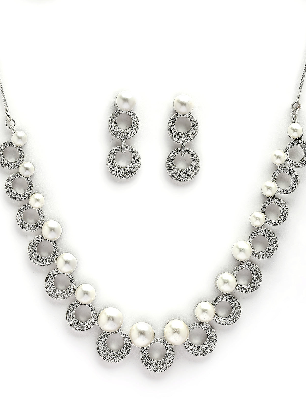 Sukkhi Universal Style Fashion Rhodium Plated With Cubic Zirconia & Pearl Studded Brass White Collar Necklace & Drop Earrings Jewellery Set for Women|Latest Stylish Gifts for All Occasions|NS116018