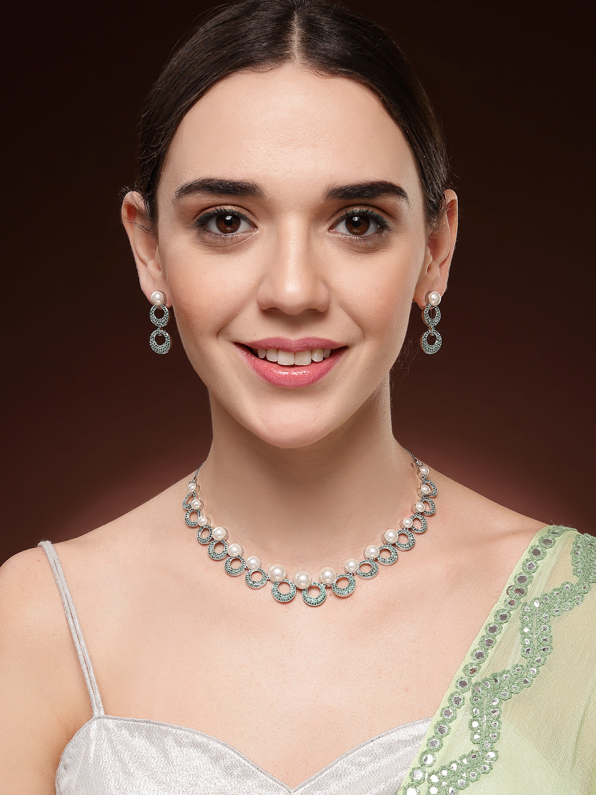Sukkhi Classy Style Rhodium Plated with Cubic Zirconia & Pearl Studded Green Brass Collar Necklace with Drop Earrings Jewellery Set for Women|Latest Stylish Gifts for All Occasions|NS116019