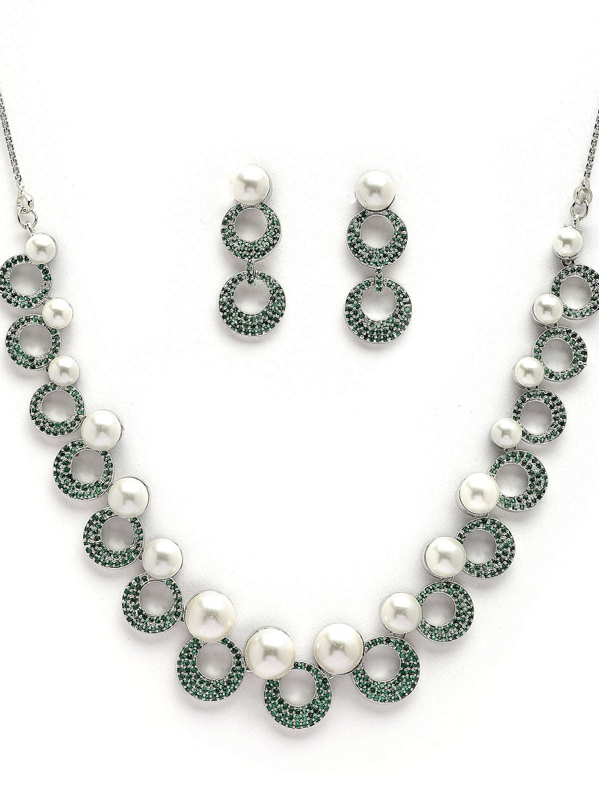 Sukkhi Classy Style Rhodium Plated with Cubic Zirconia & Pearl Studded Green Brass Collar Necklace with Drop Earrings Jewellery Set for Women|Latest Stylish Gifts for All Occasions|NS116019