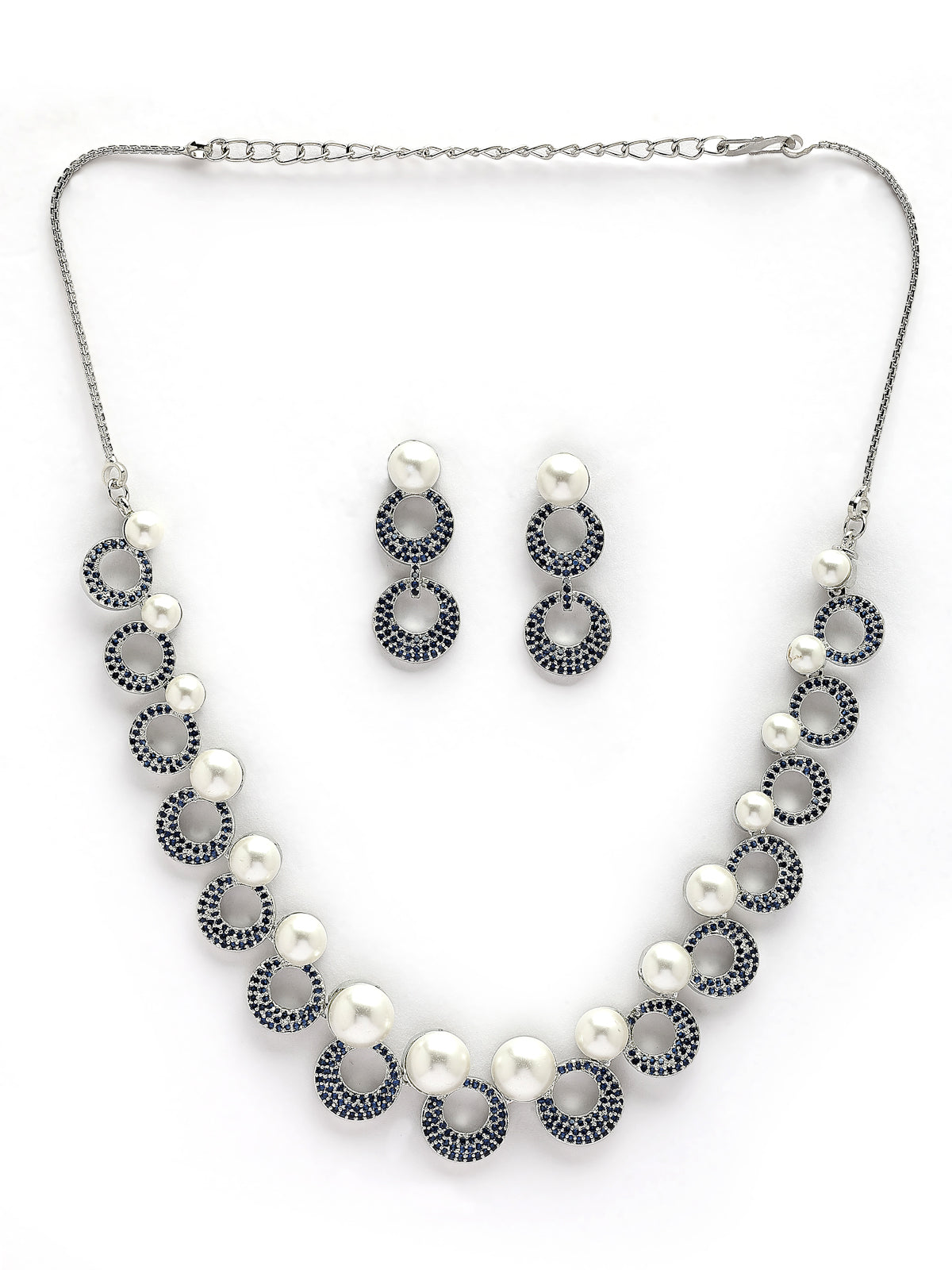 Sukkhi Eye Catchy Rhodium Plated with Cubic Zirconia & Pearl Studded Blue Round Brass Collar Necklace with Drop Earrings Jewellery Set for Women|Latest Stylish Gifts for All Occasions|NS116020